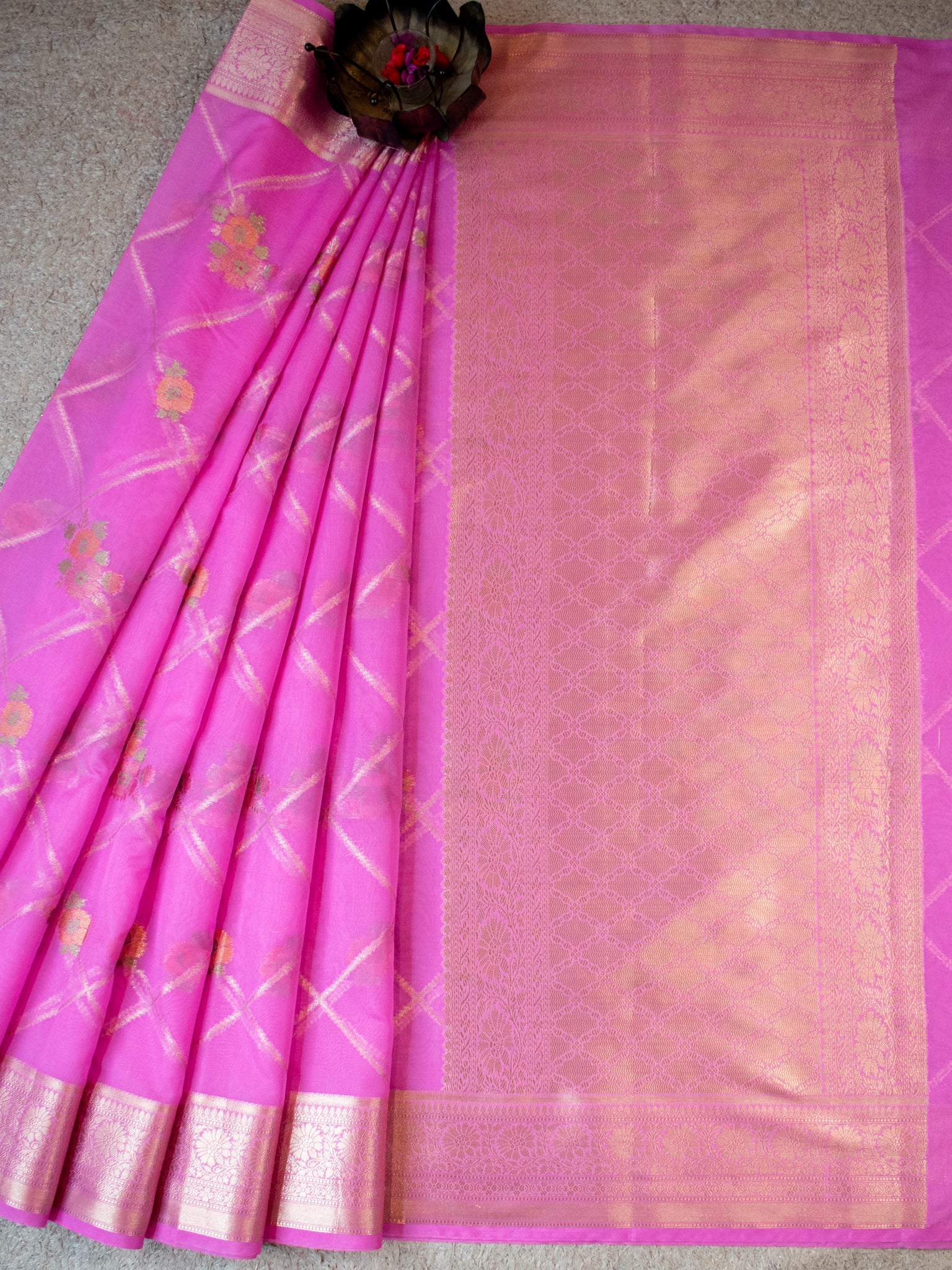 Banarasi Cotton Silk Saree with Floral Weaving & Border-Pink