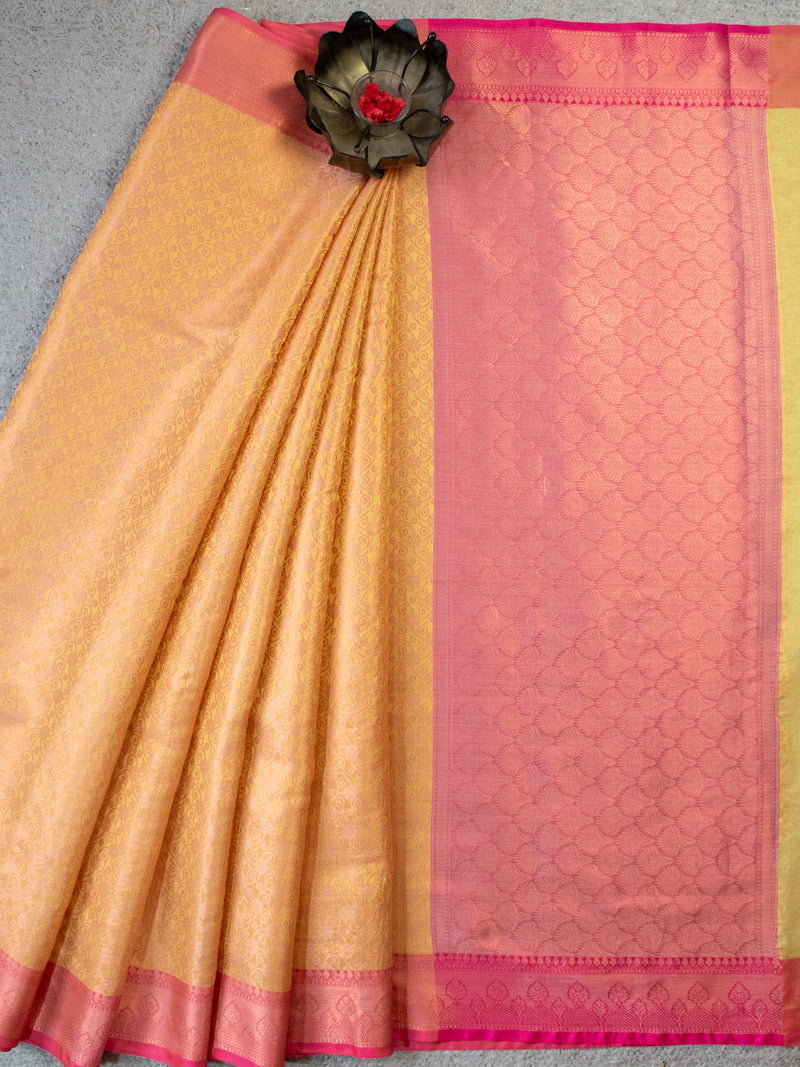 Banarasi Kora Muslin Saree With Tanchoi Weaving & Contrast Border-Yellow