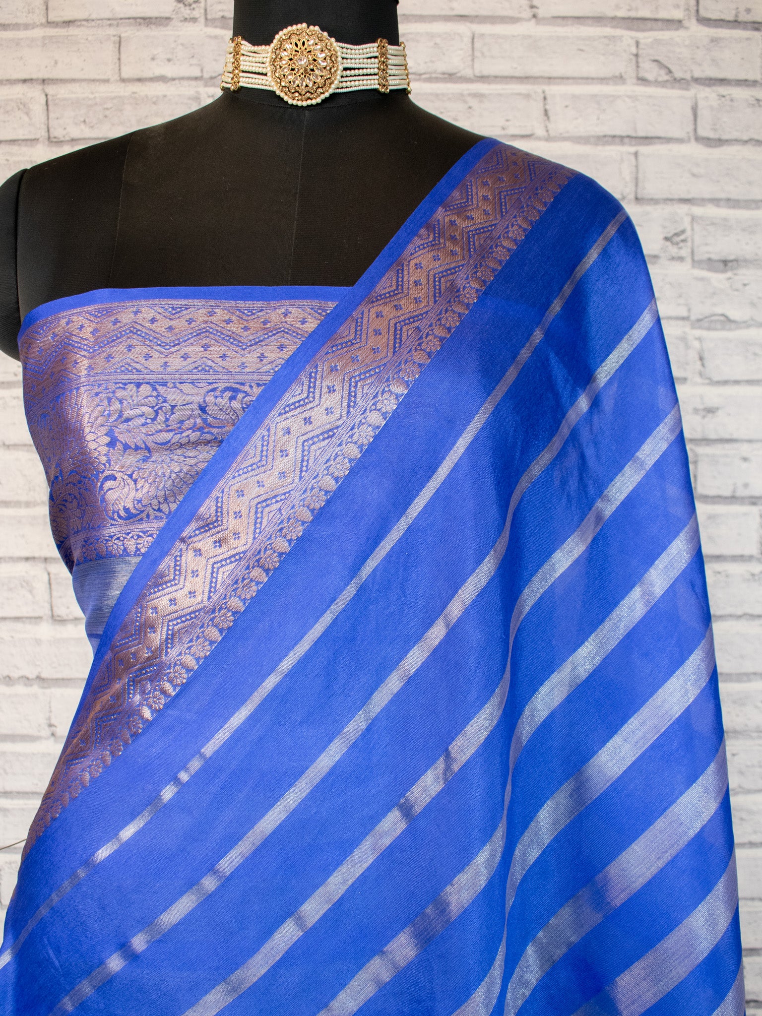 Banarasi Tissue Saree With Copper Zari Border-Blue