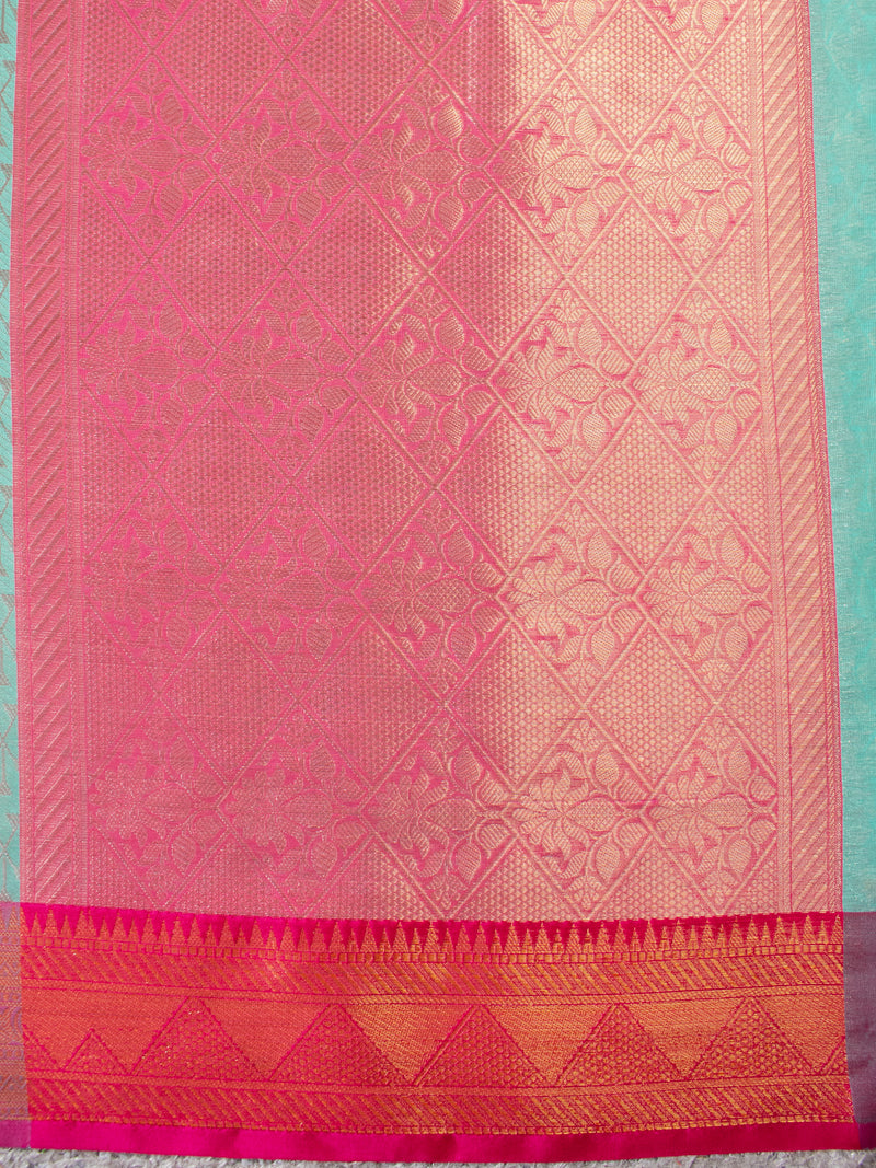 Banarasi Kora Muslin Saree With Tanchoi Weaving & Contrast Border-Green