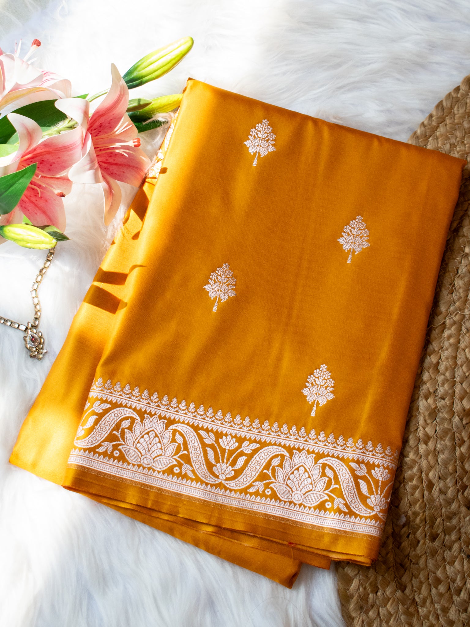 Banarasi Mashru Silk Saree With Buti & Border- Yellow