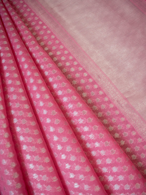 Banarasi Cotton Silk Saree with Silver Buti Zari Weaving-Pink