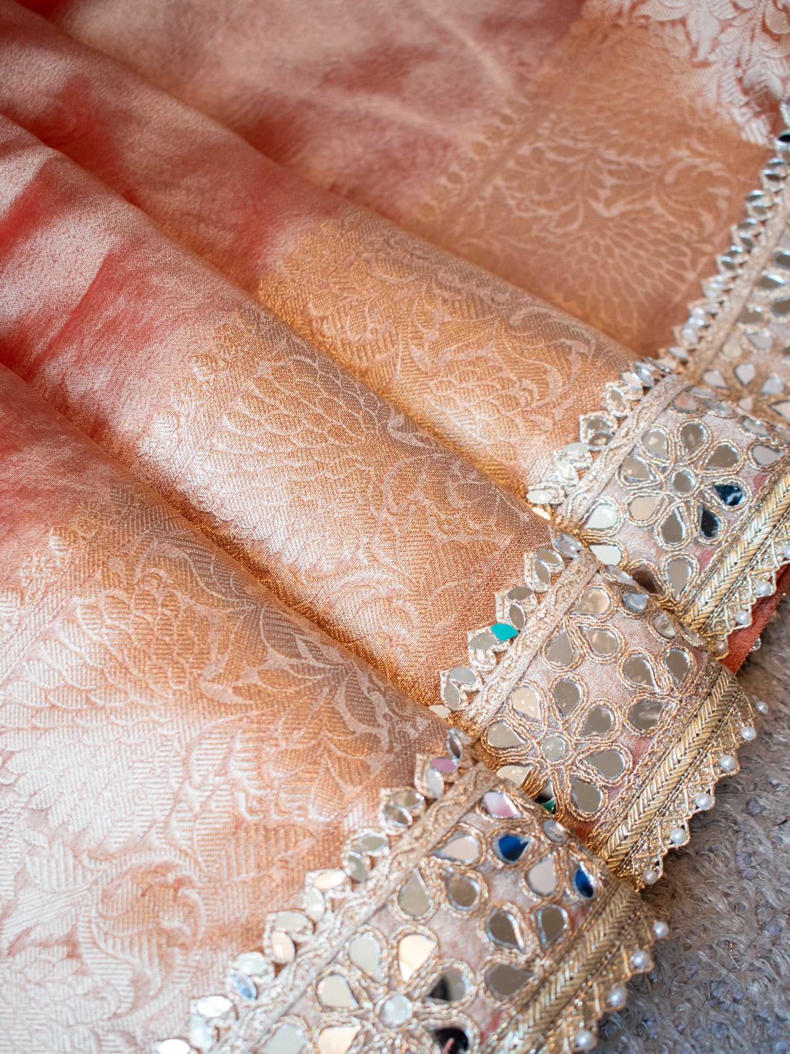 Banarasi Plain Tissue Saree with Mirror Lace Border - Rust