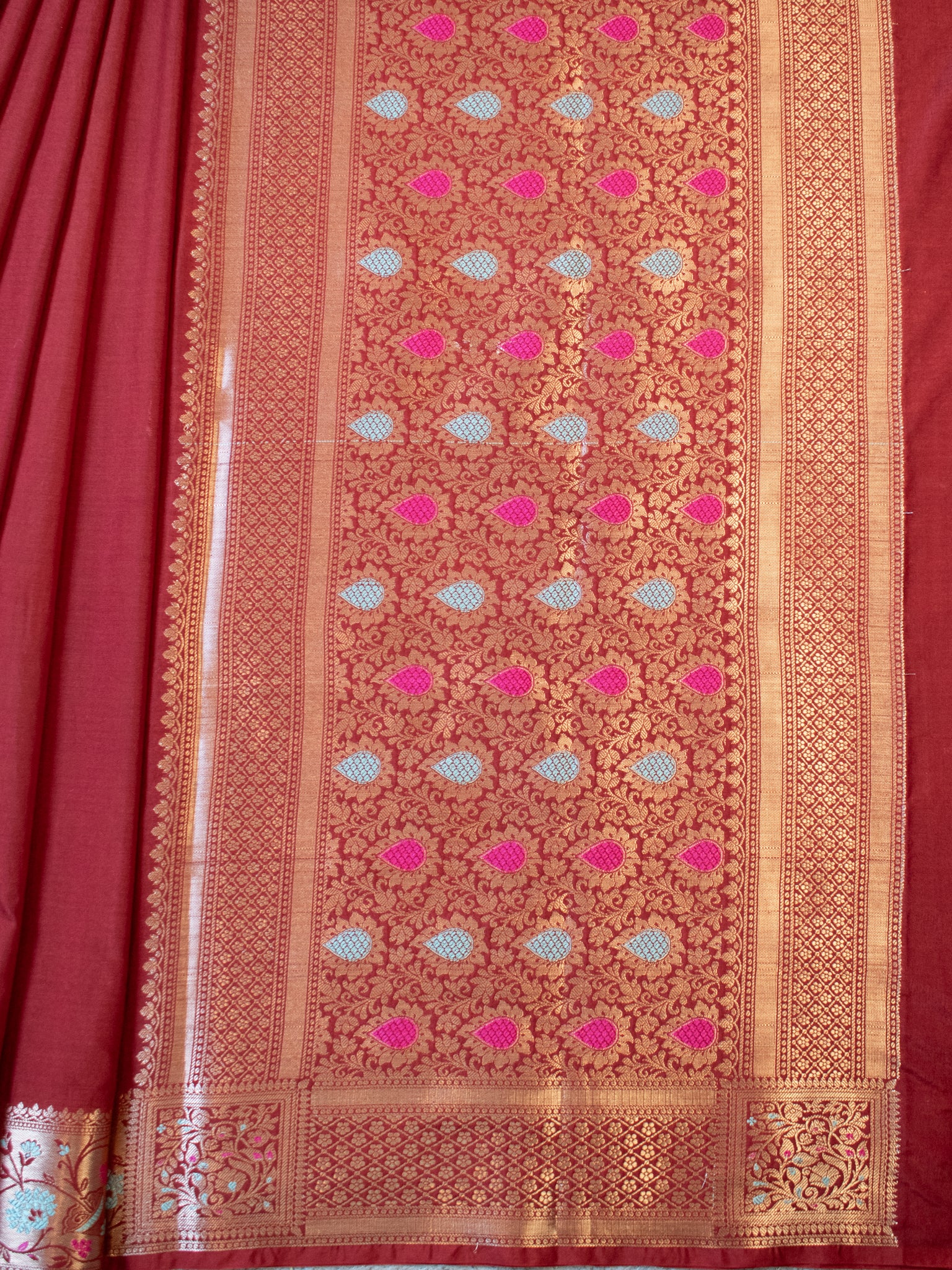 Banarasi Plain Semi Katan Saree With Meena Border- Maroon