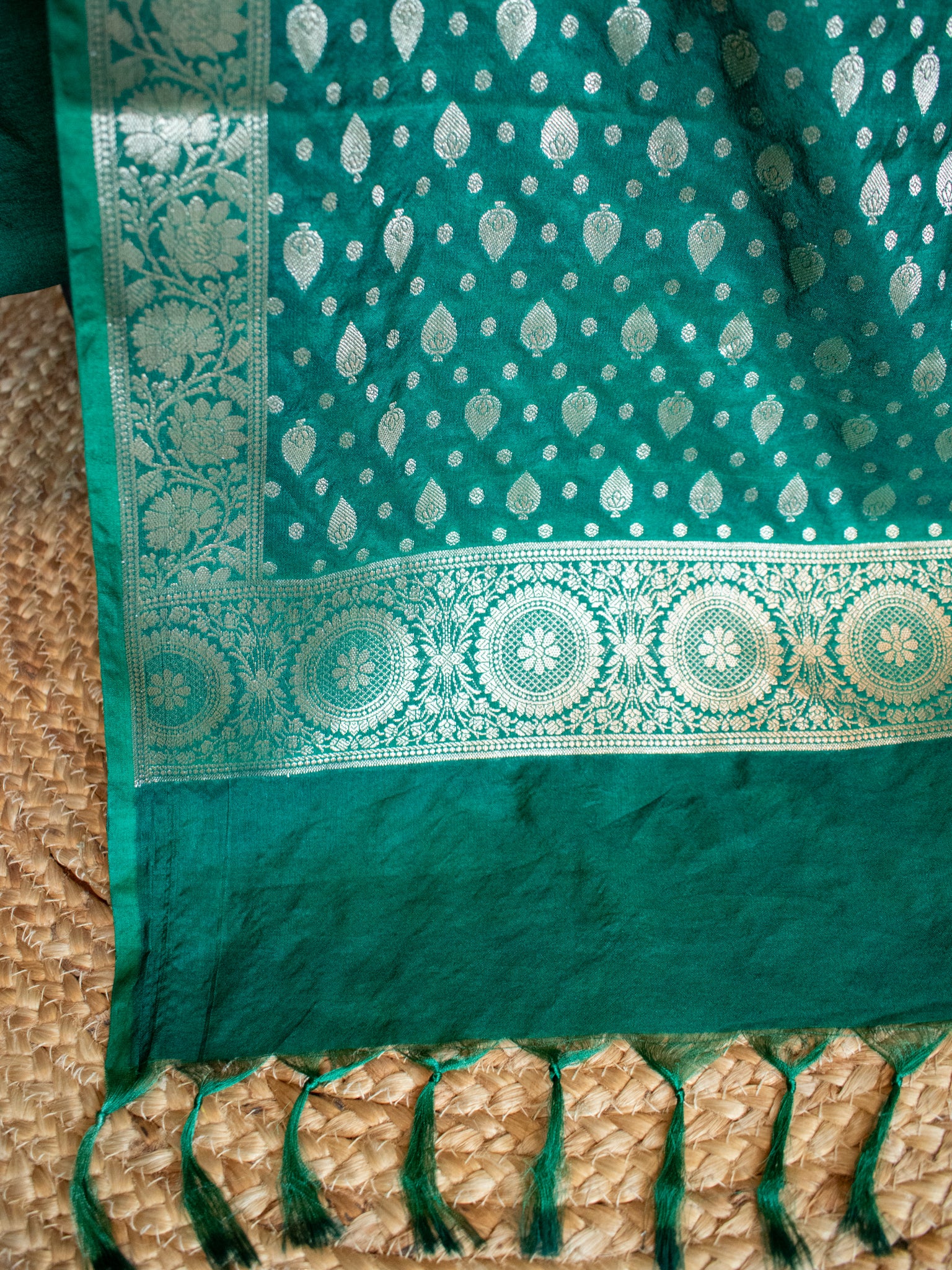 Banarasi Semi Katan Salwar Kameez Fabric With Dupatta- Green