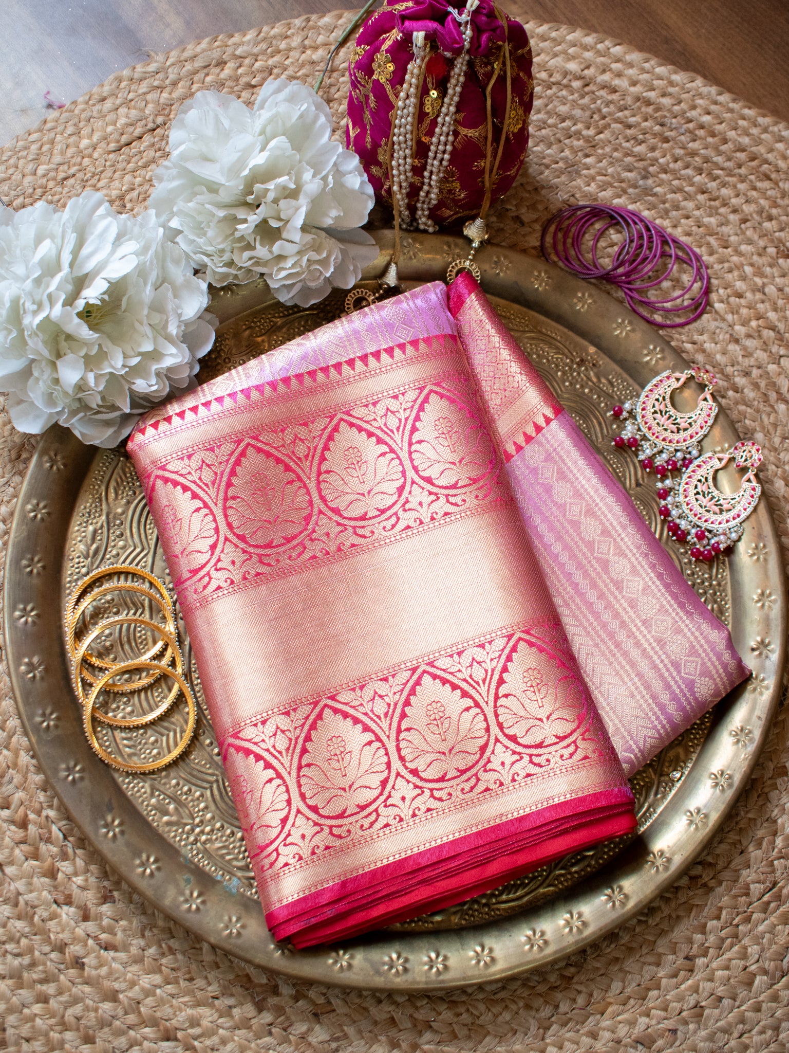 Banarasi Kora Muslin Saree With Zari Weaving & Contrast Border- Pink