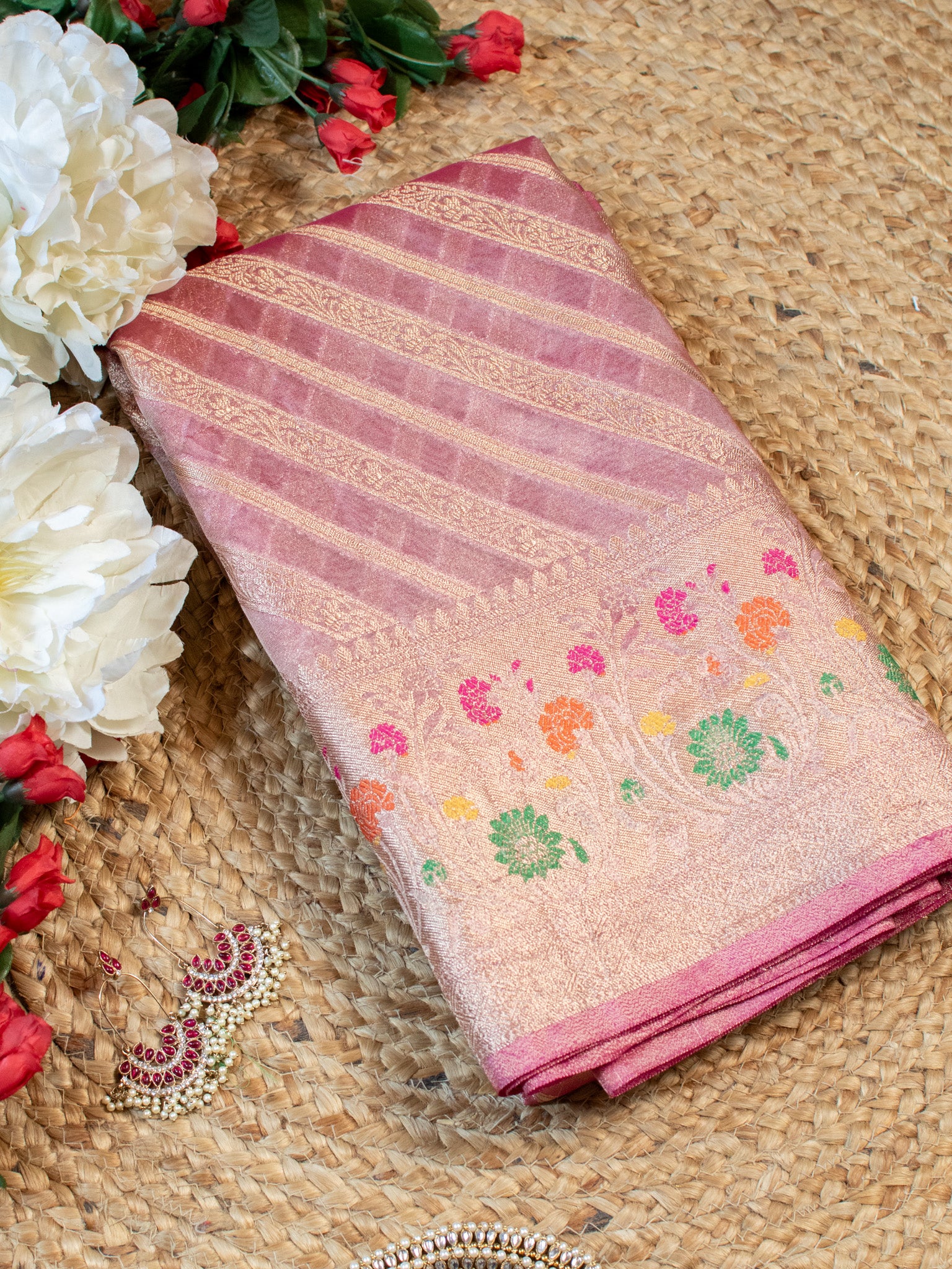 Banarasi Tissue Saree With Zari Border-Pink