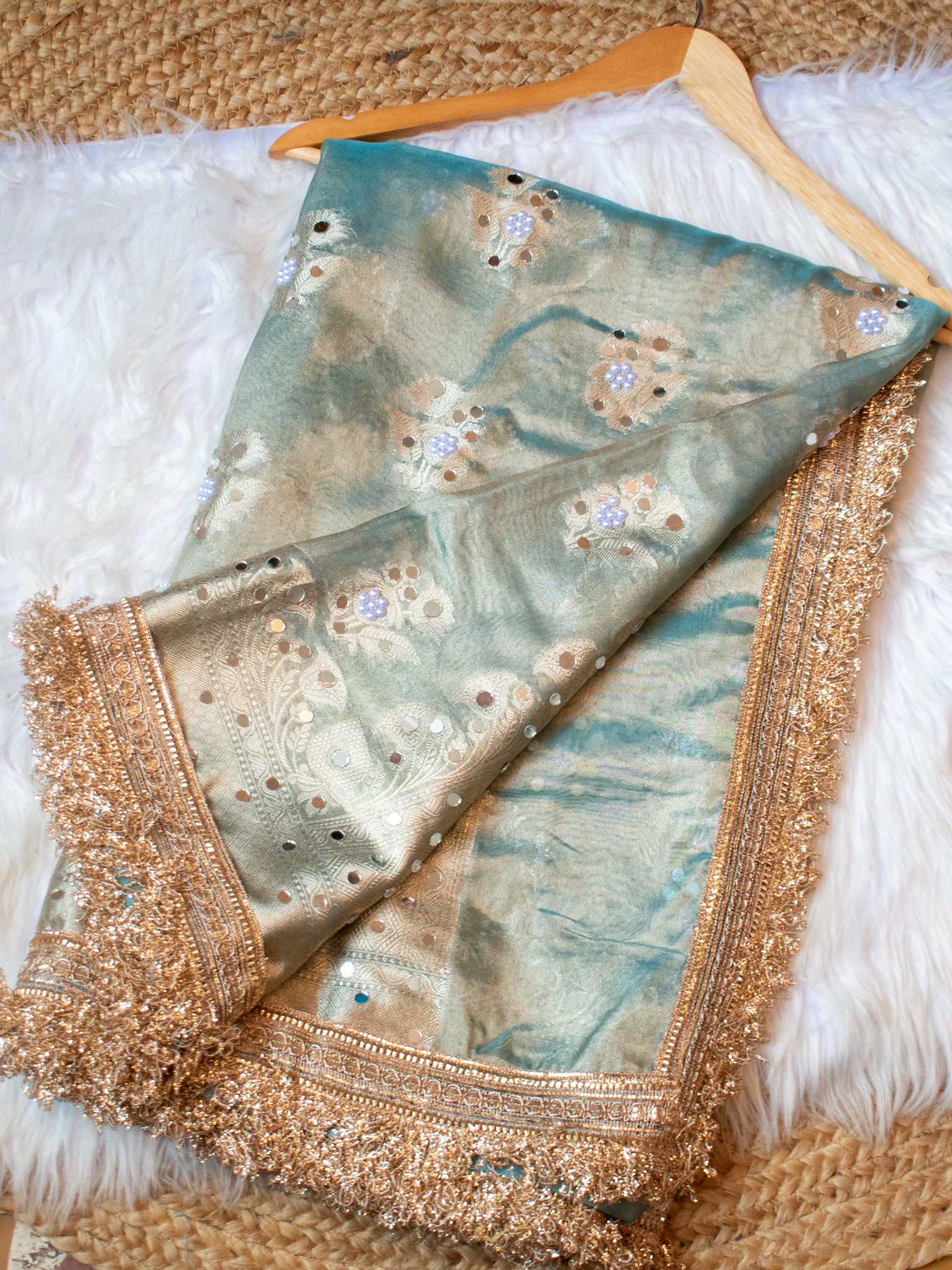 Banarasi Mirror Work Tissue Saree with Lace Border - Blue