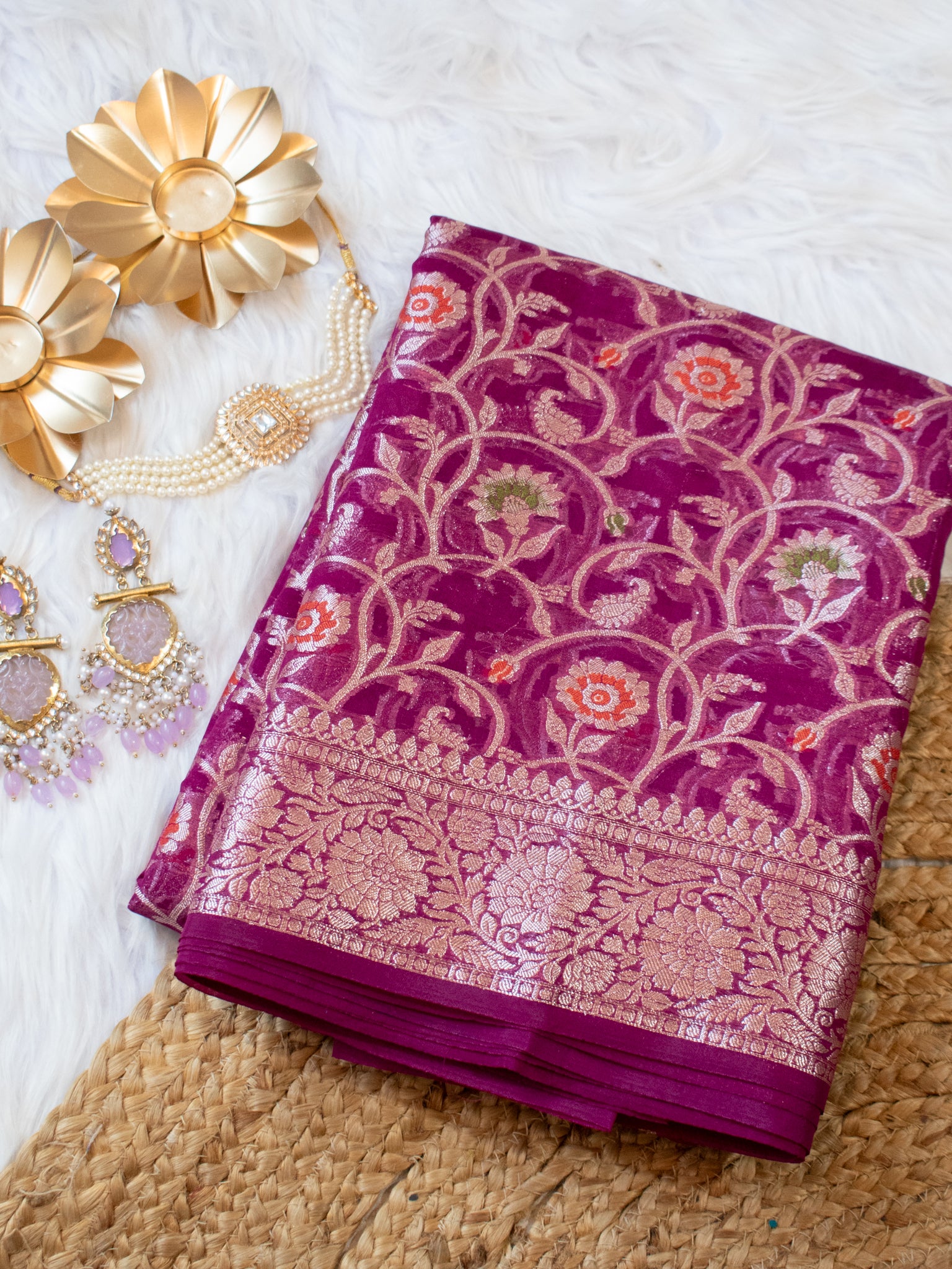 Banarasi Cotton Silk Saree Silver Zari Floral Weaving With Border- Purple