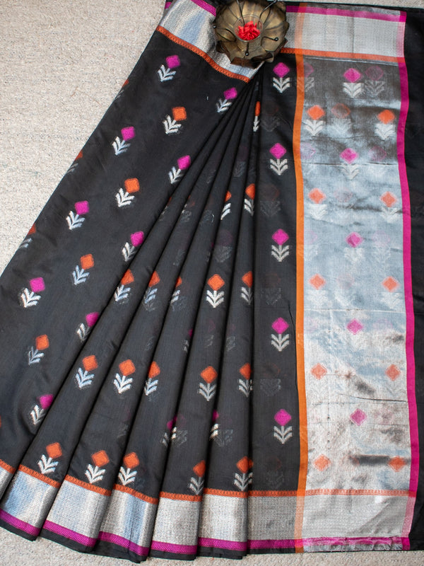 Banarasi Soft Cotton Saree Silver Zari Weaving- Black