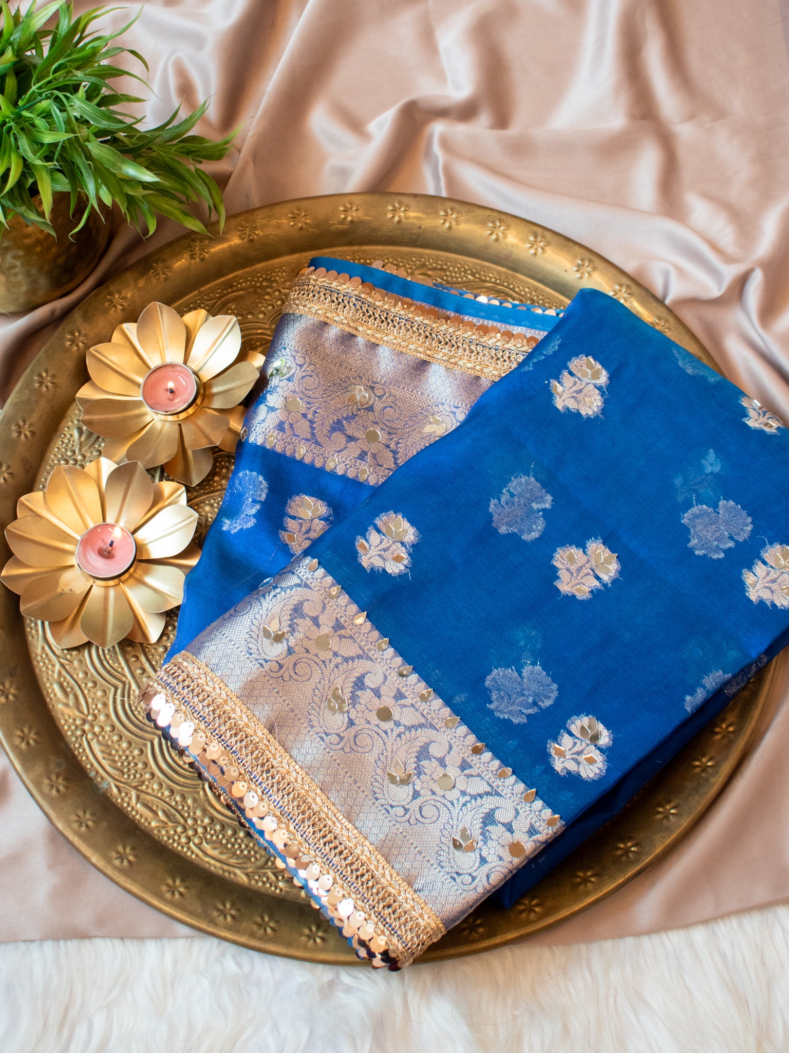 Banarasi Tissue Saree With Mirror Work & Lace Border- Blue