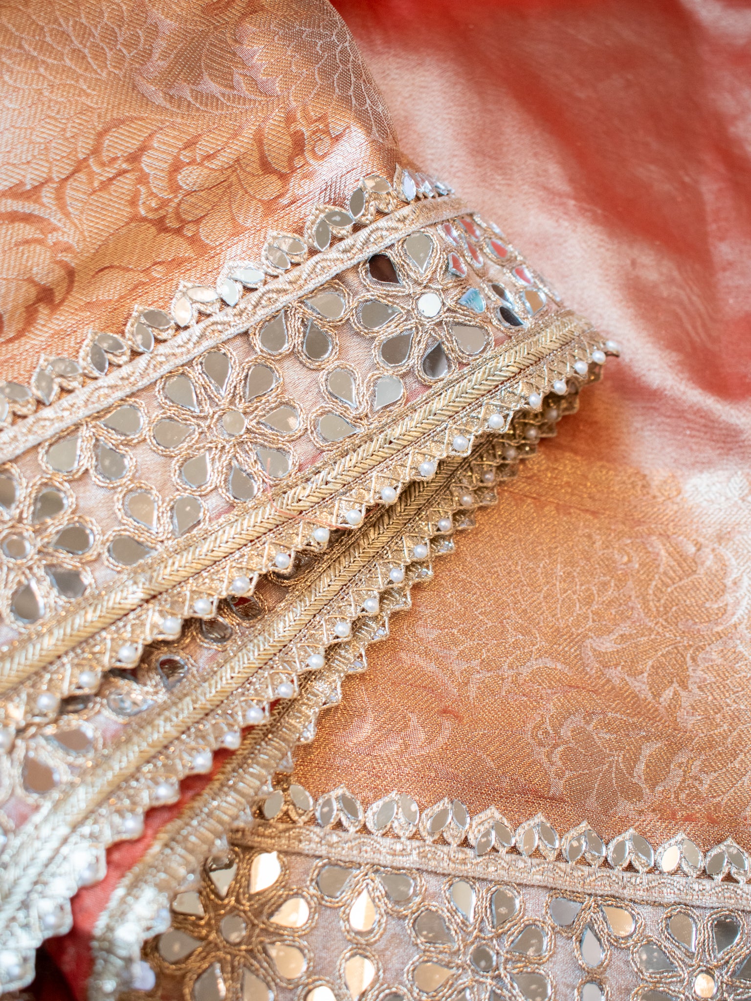 Banarasi Plain Tissue Saree with Mirror Lace Border - Rust