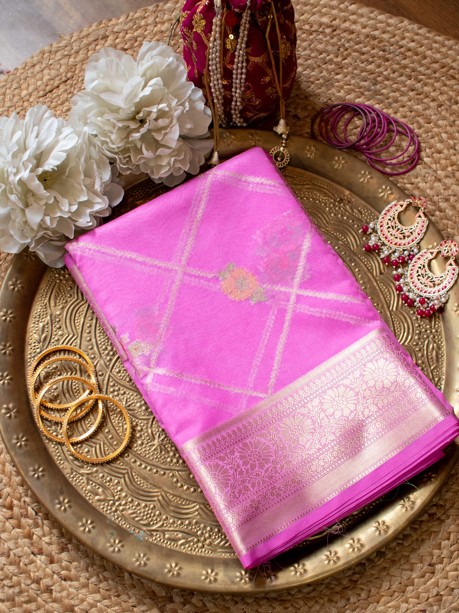 Banarasi Cotton Silk Saree with Floral Weaving & Border-Pink