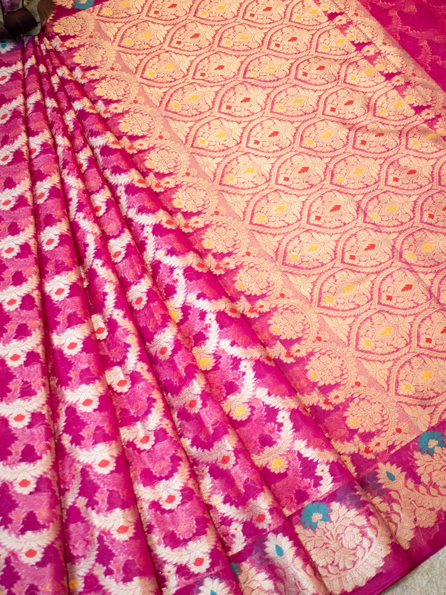 Banarasi Cotton Silk Saree With Silver Zari Weaving & Border-Pink