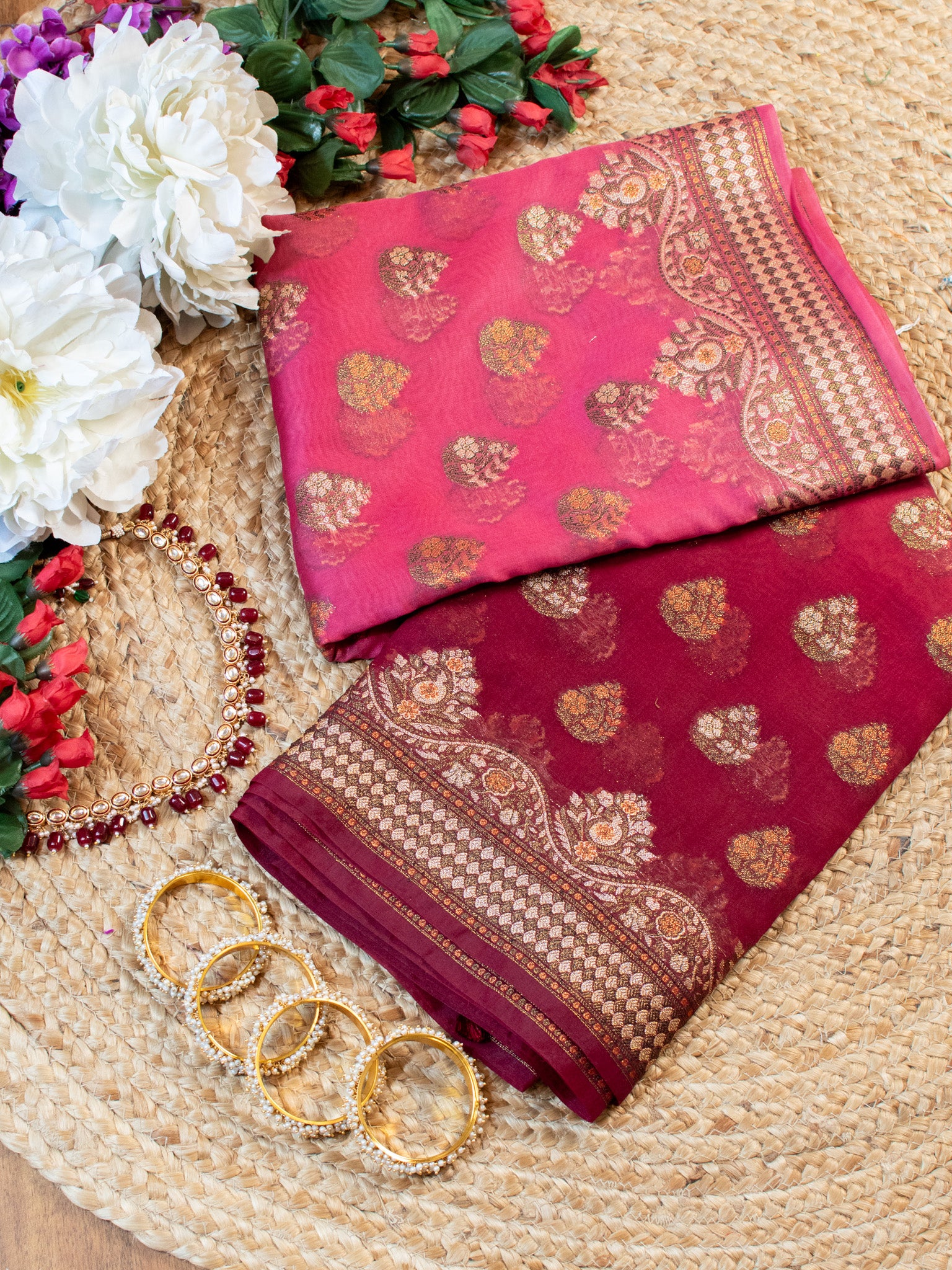 Banarasi Dual Shade Pure Georgette Saree With Resham Weaving-Pink