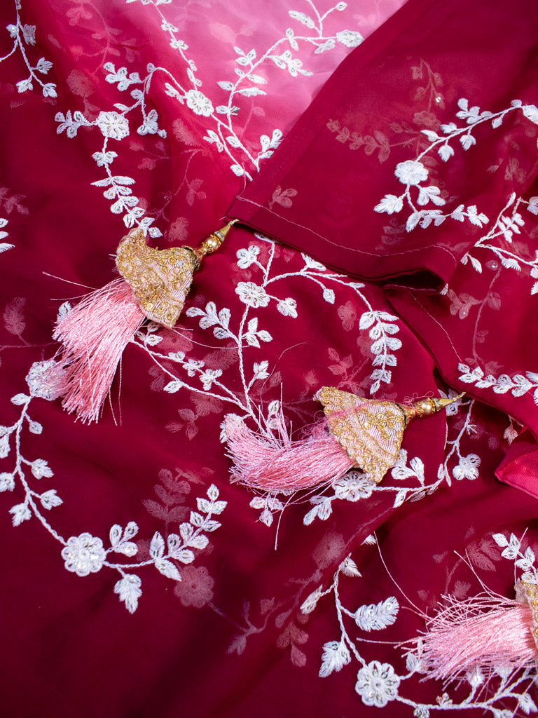 Dual Shade Embroidered Semi Chiffon Saree-Pink