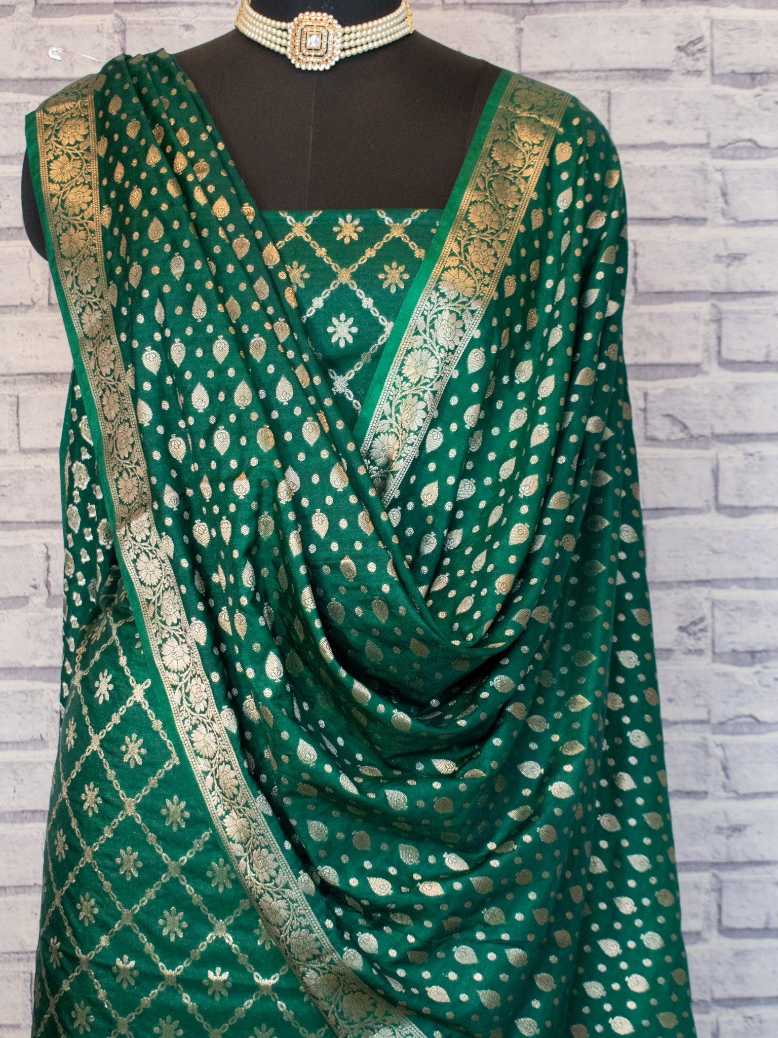 Banarasi Semi Katan Salwar Kameez Fabric With Dupatta- Green