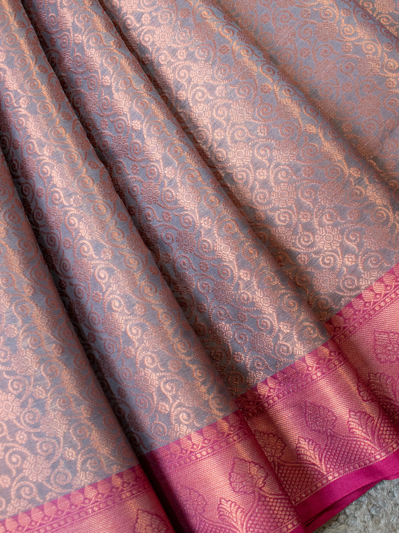 Banarasi Kora Muslin Saree With Tanchoi Weaving & Contrast Border-Grey