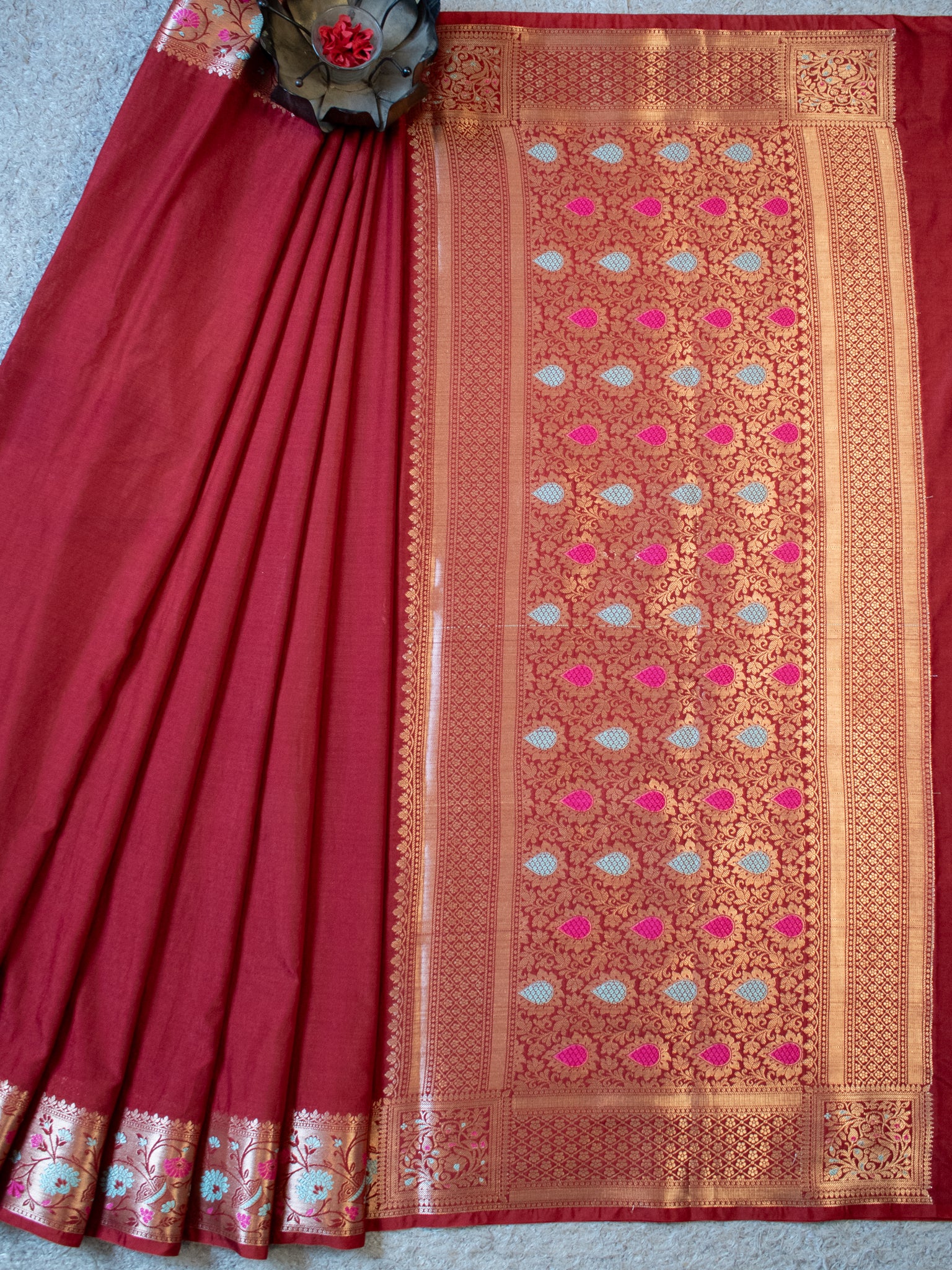 Banarasi Plain Semi Katan Saree With Meena Border- Maroon