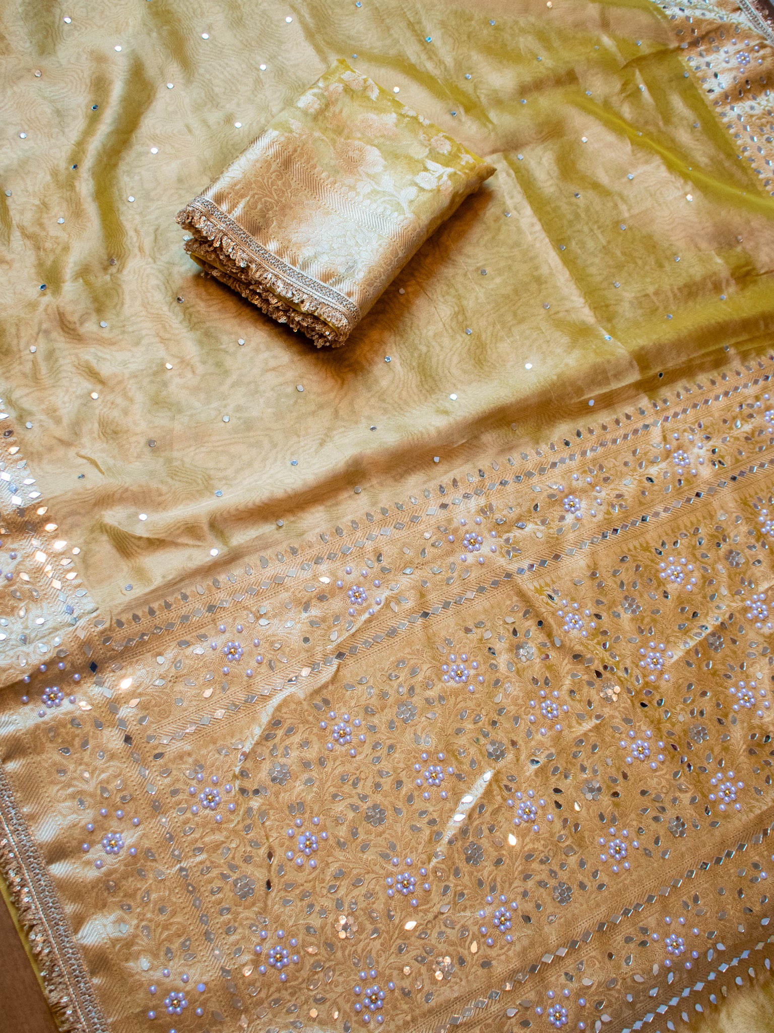 Banarasi Mirror Work Tissue Saree with Lace Border - Yellow
