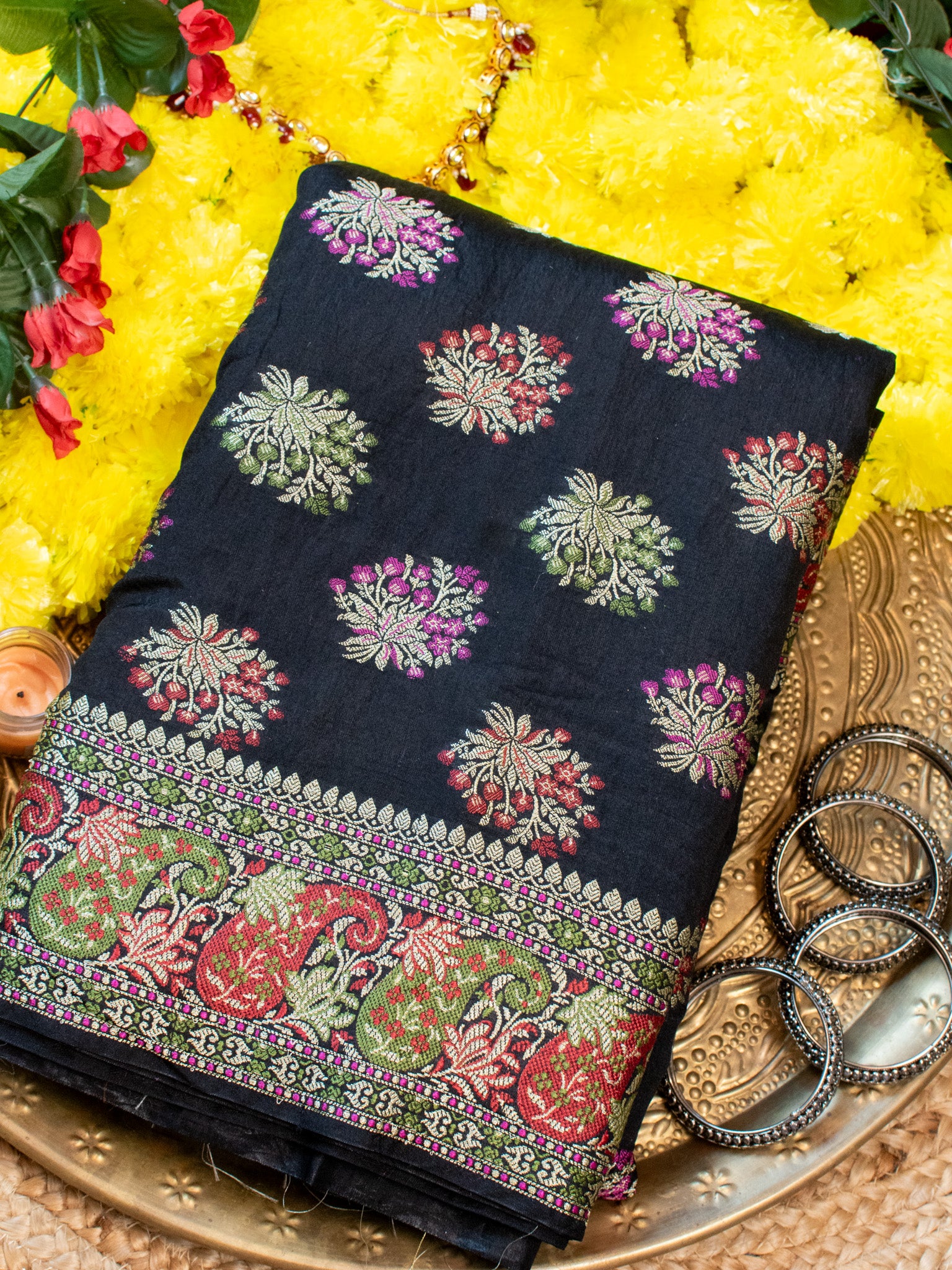 Banarasi Semi Georgette Saree With Resham Work and Border -Black