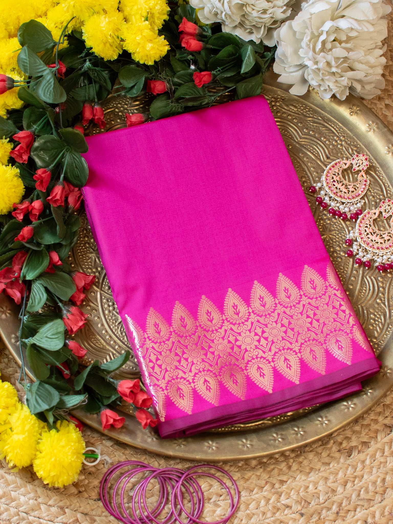 Banarasi Semi Silk Saree With Zari Weaving & Border - Pink