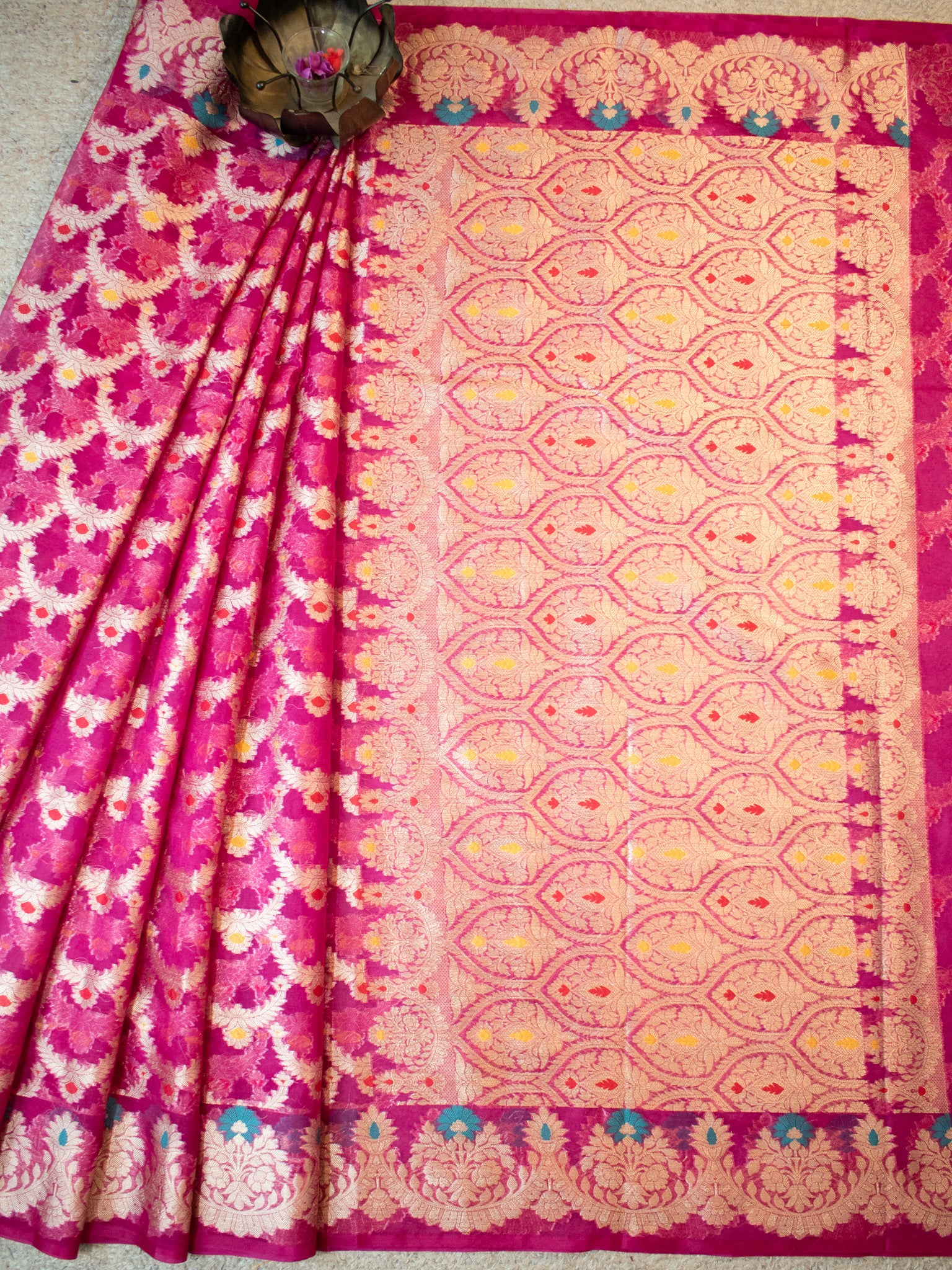 Banarasi Cotton Silk Saree With Silver Zari Weaving & Border-Pink