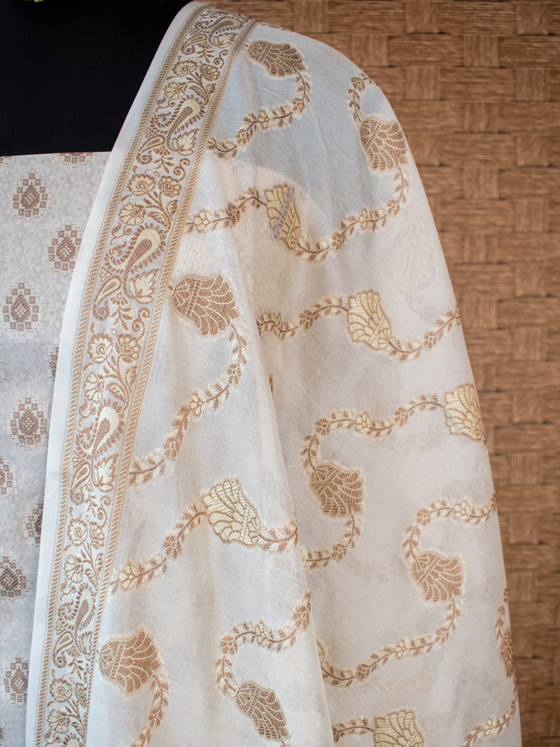 Banarasi Cotton Silk Salwar Kameez Fabric Resham Weaving & Jaal Dupatta-White