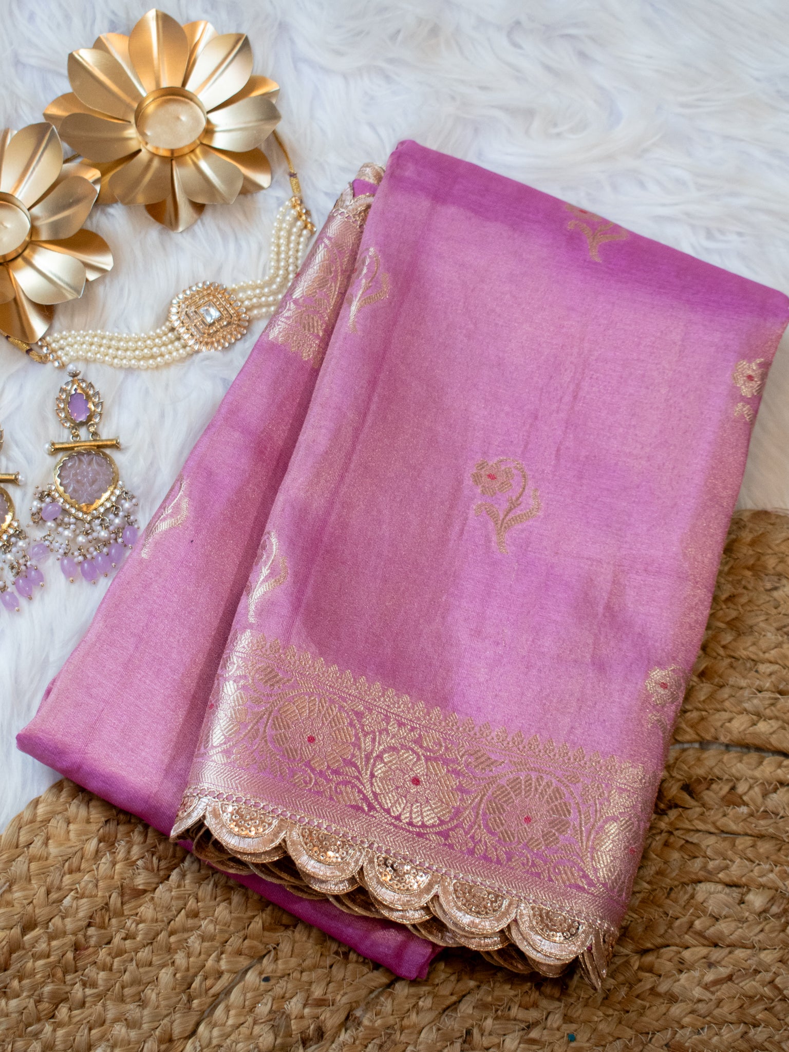 Banarasi Tissue Saree With Zari Weaving & Lace Border- Lavender