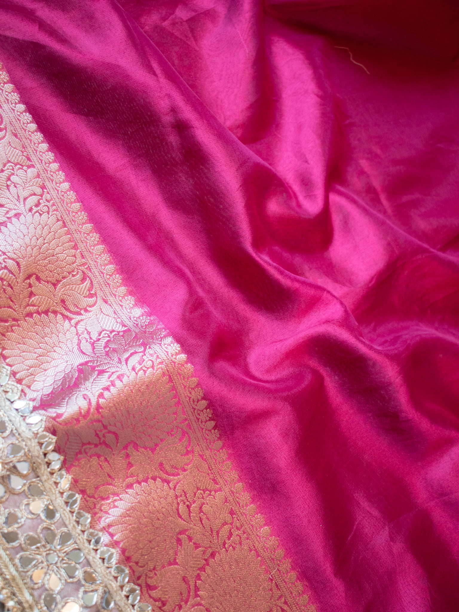 Banarasi Plain Tissue Saree with MirrorLace Border - Magenta