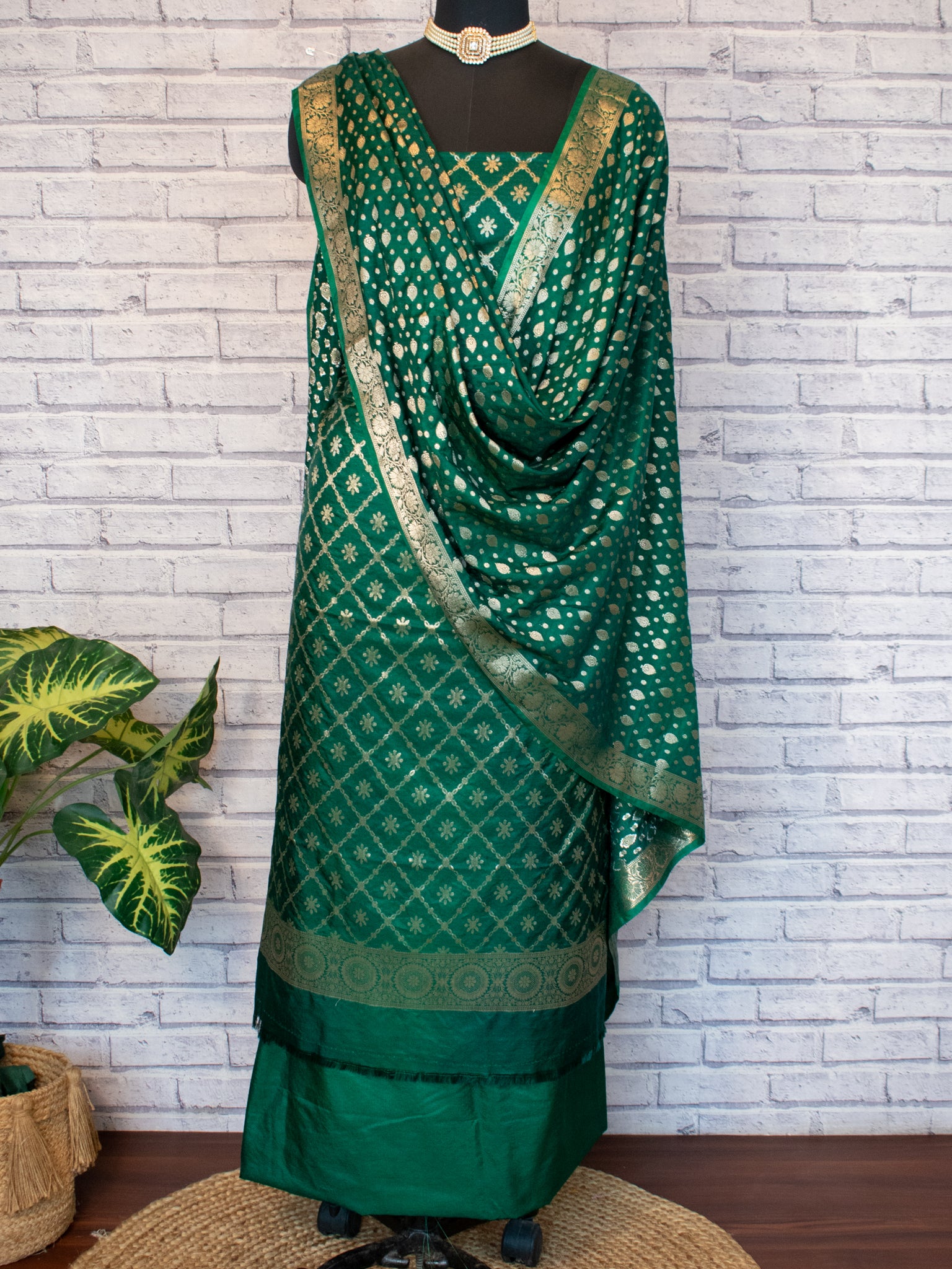 Banarasi Semi Katan Salwar Kameez Fabric With Dupatta- Green