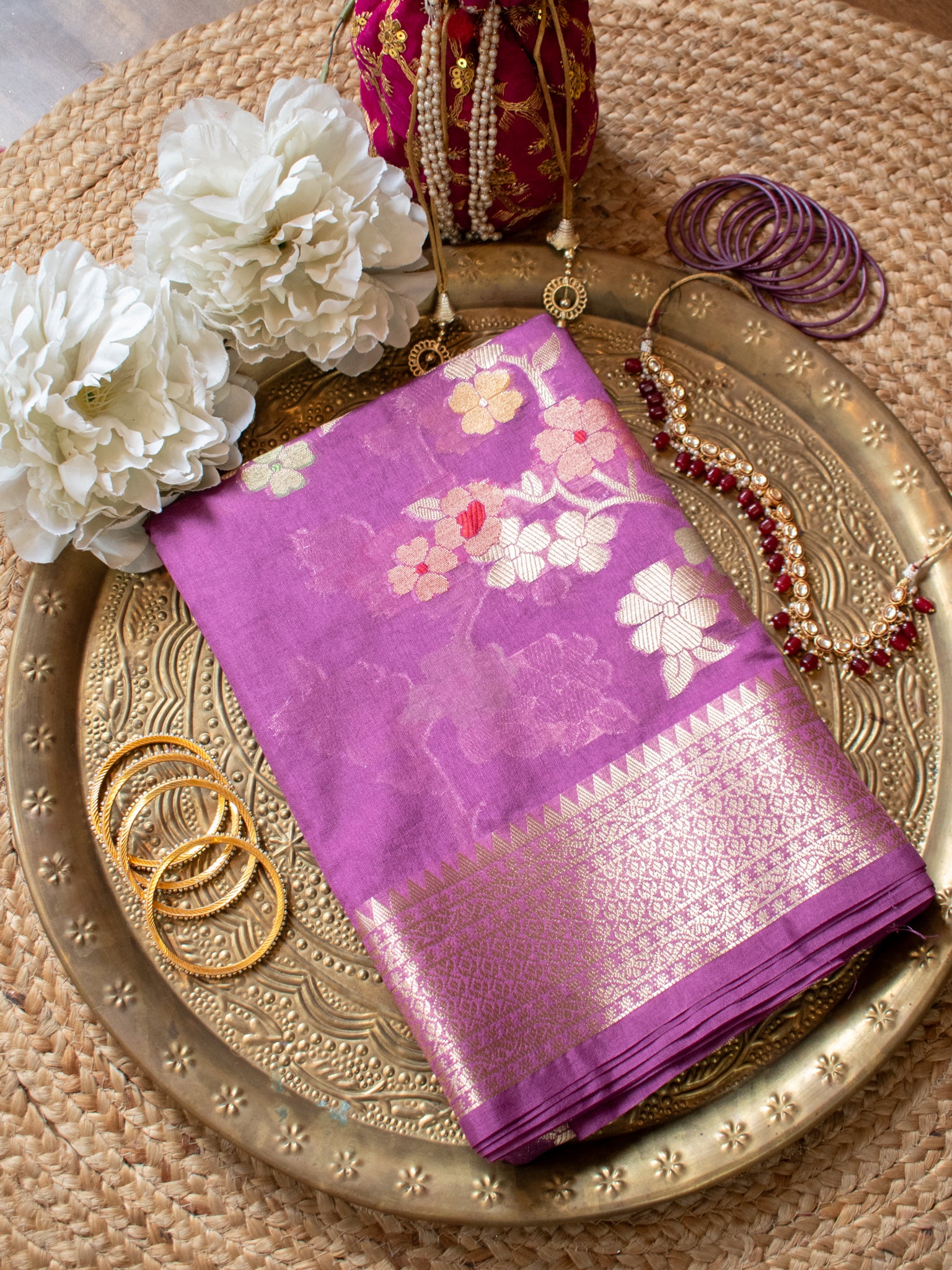 Banarasi Cotton Silk Saree with Floral Weaving & Border- Mauve