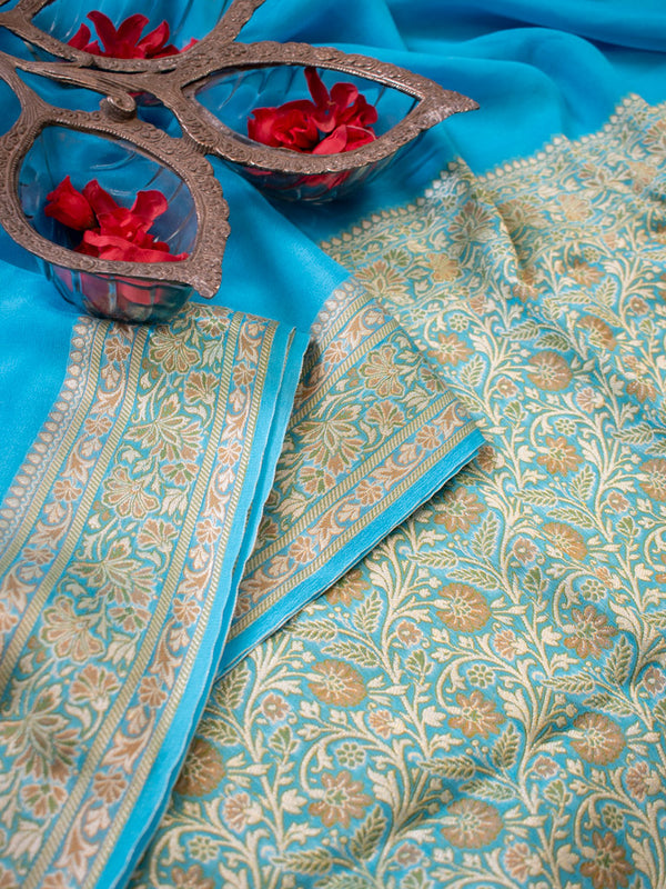 Banarasi Pure Georgette Plain Saree With Antique Zari Floral Border-Blue