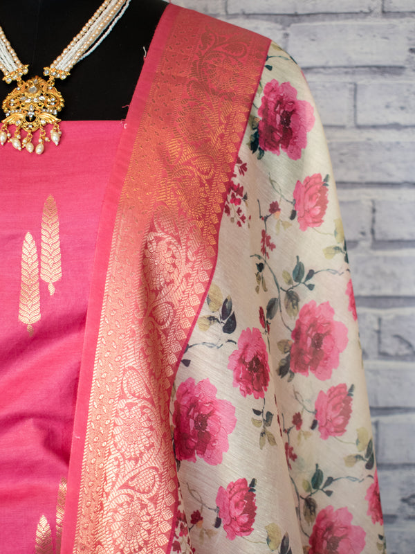Banarasi Cotton Salwar Kameez Material With Silver Zari Weaving & Dupatta-Pink