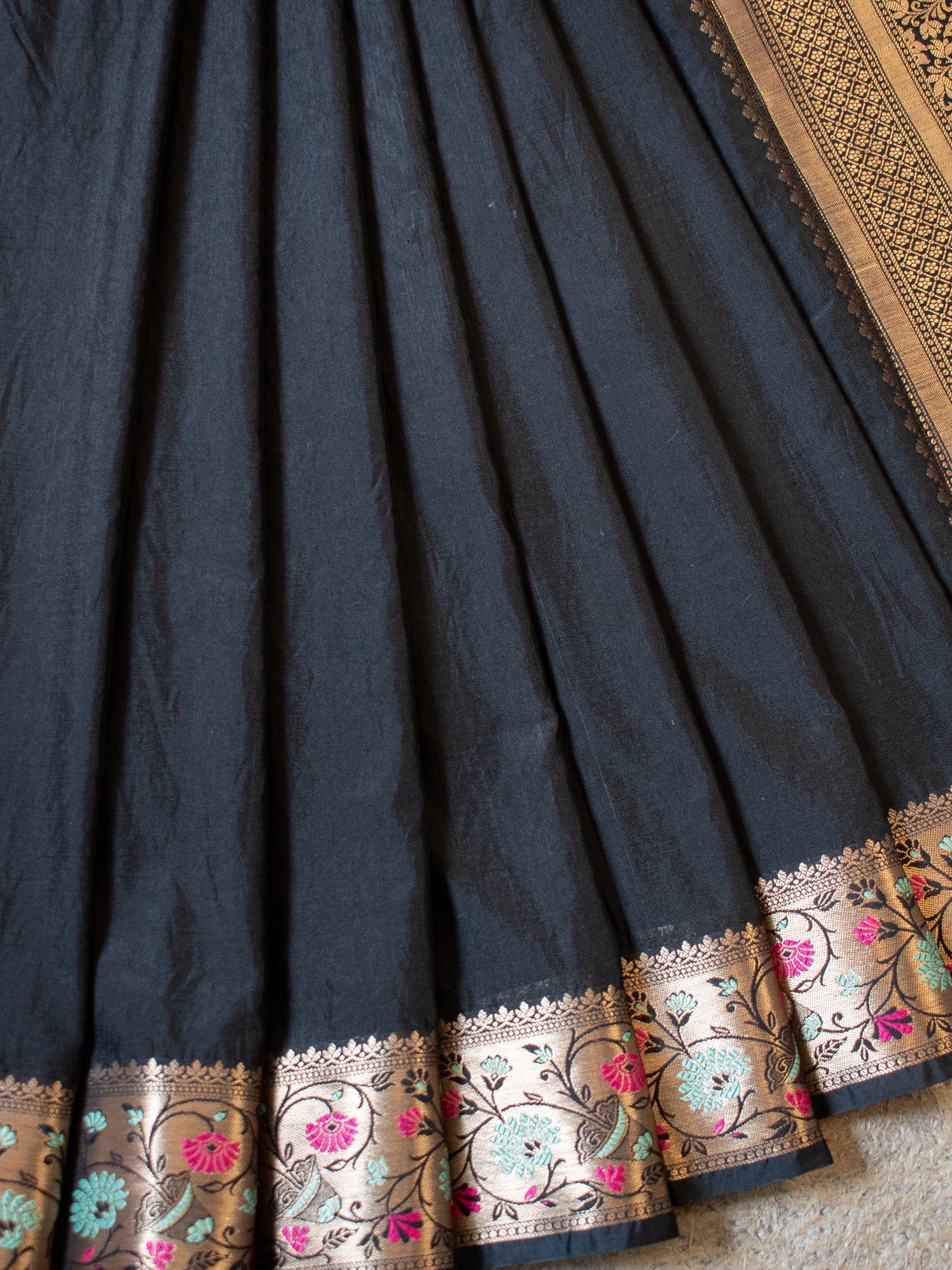Banarasi Plain Semi Katan Saree With Meena Border- Black
