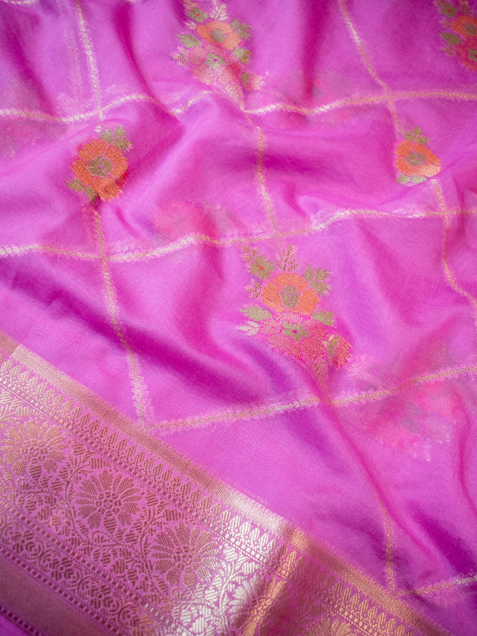 Banarasi Cotton Silk Saree with Floral Weaving & Border-Pink