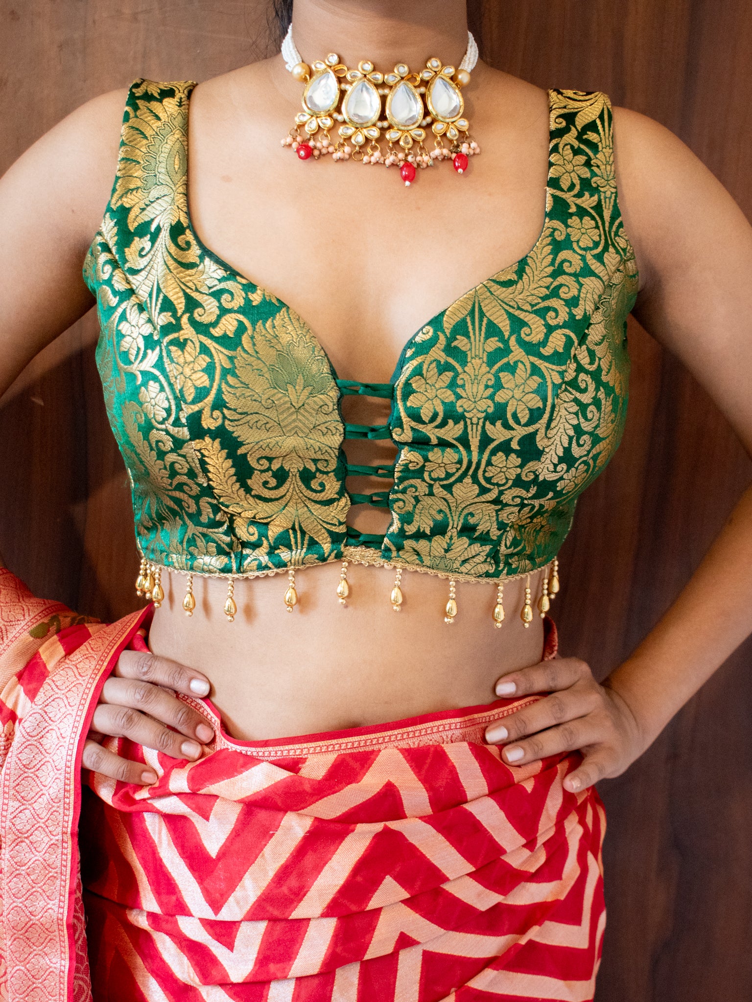 Banarasi Brocade Stitched Sleeveless Padded Blouse - Green