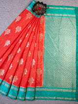 Banarasi Semi Silk Saree With Floral Zari Weaving & Contrast Border -Orange