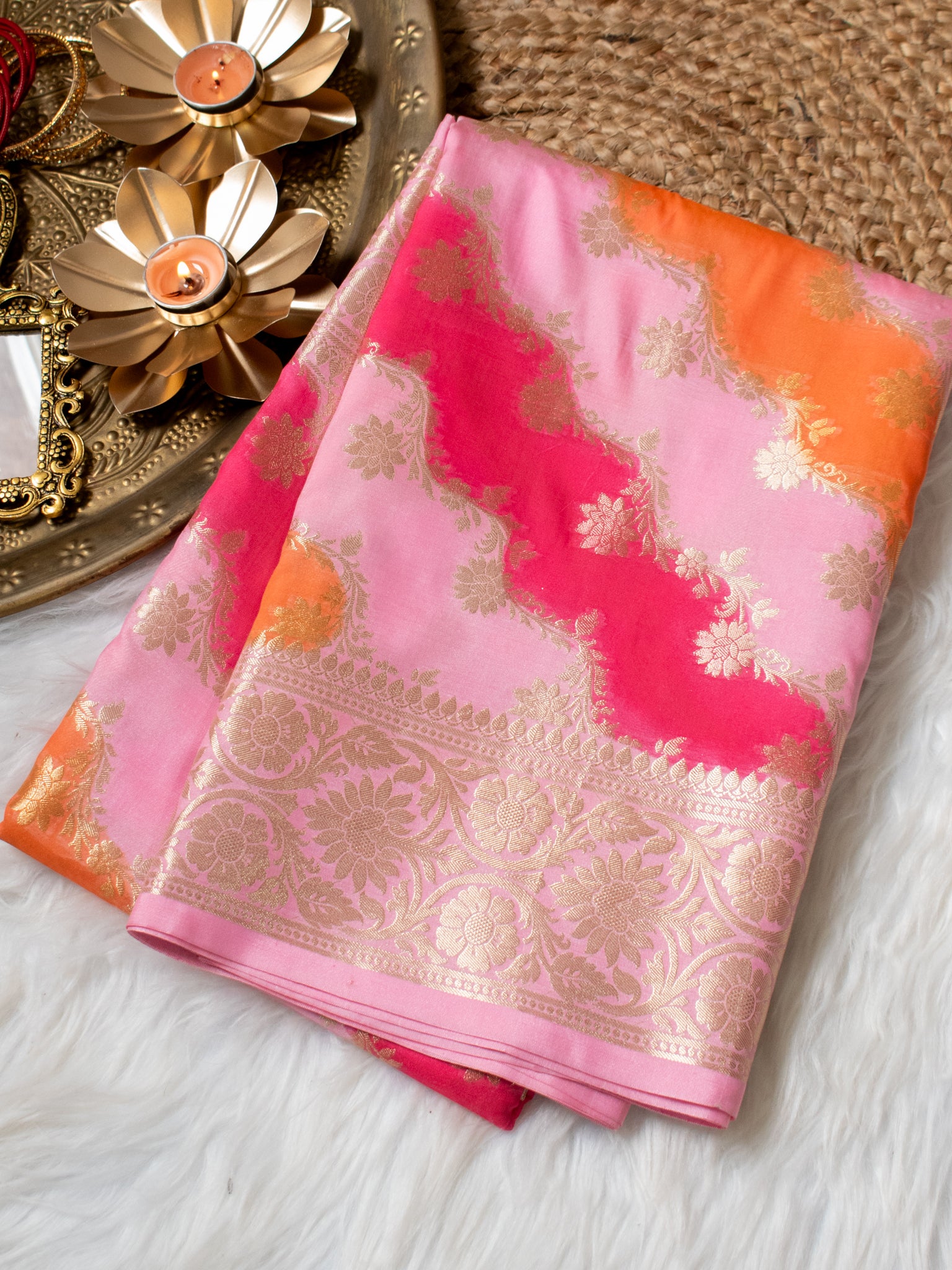 Banarasi Cotton Silk Saree With Zari Weaving & Border - Pink