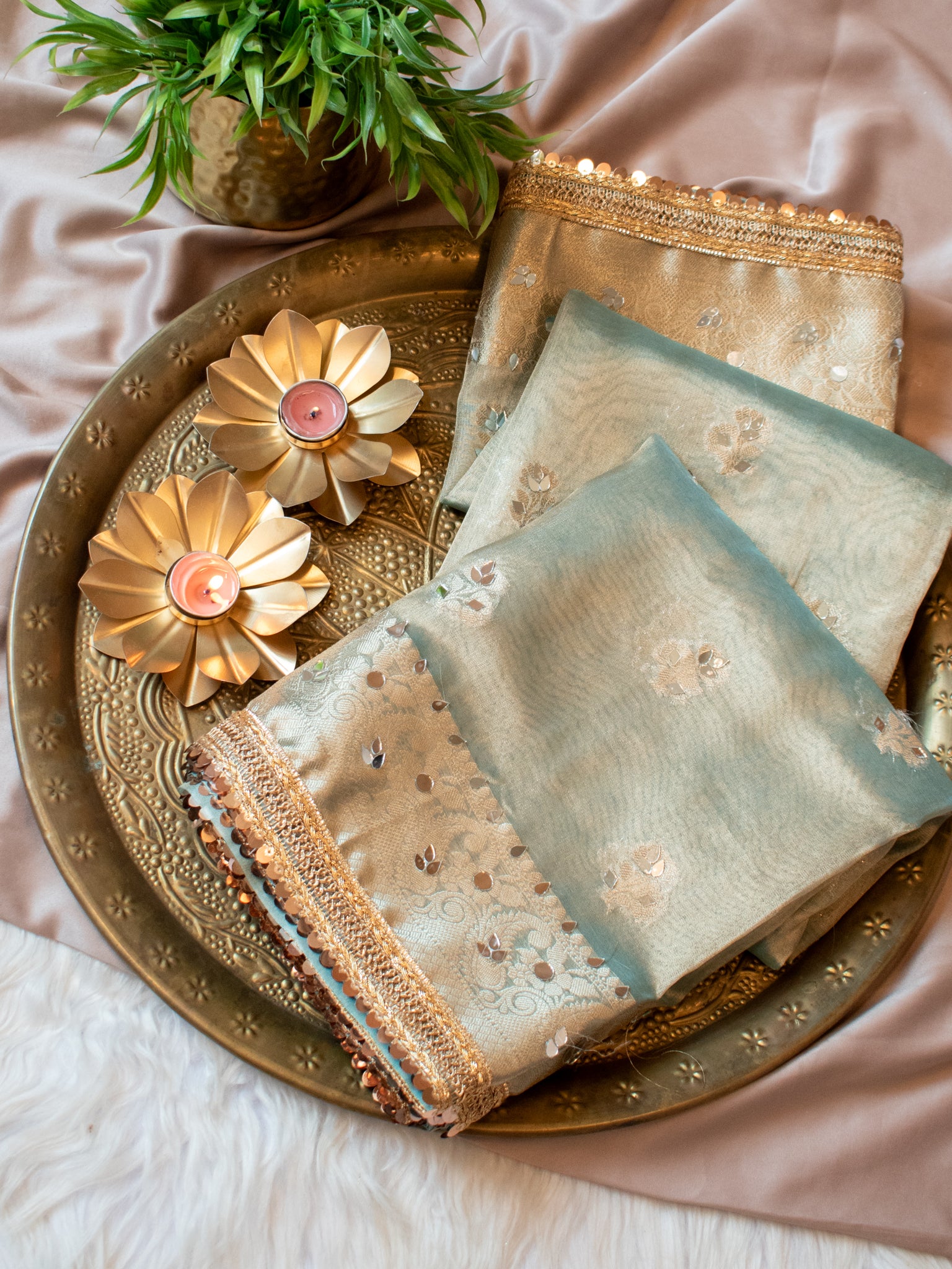 Banarasi Tissue Saree With Mirror Work & Lace Border- Pastel Blue