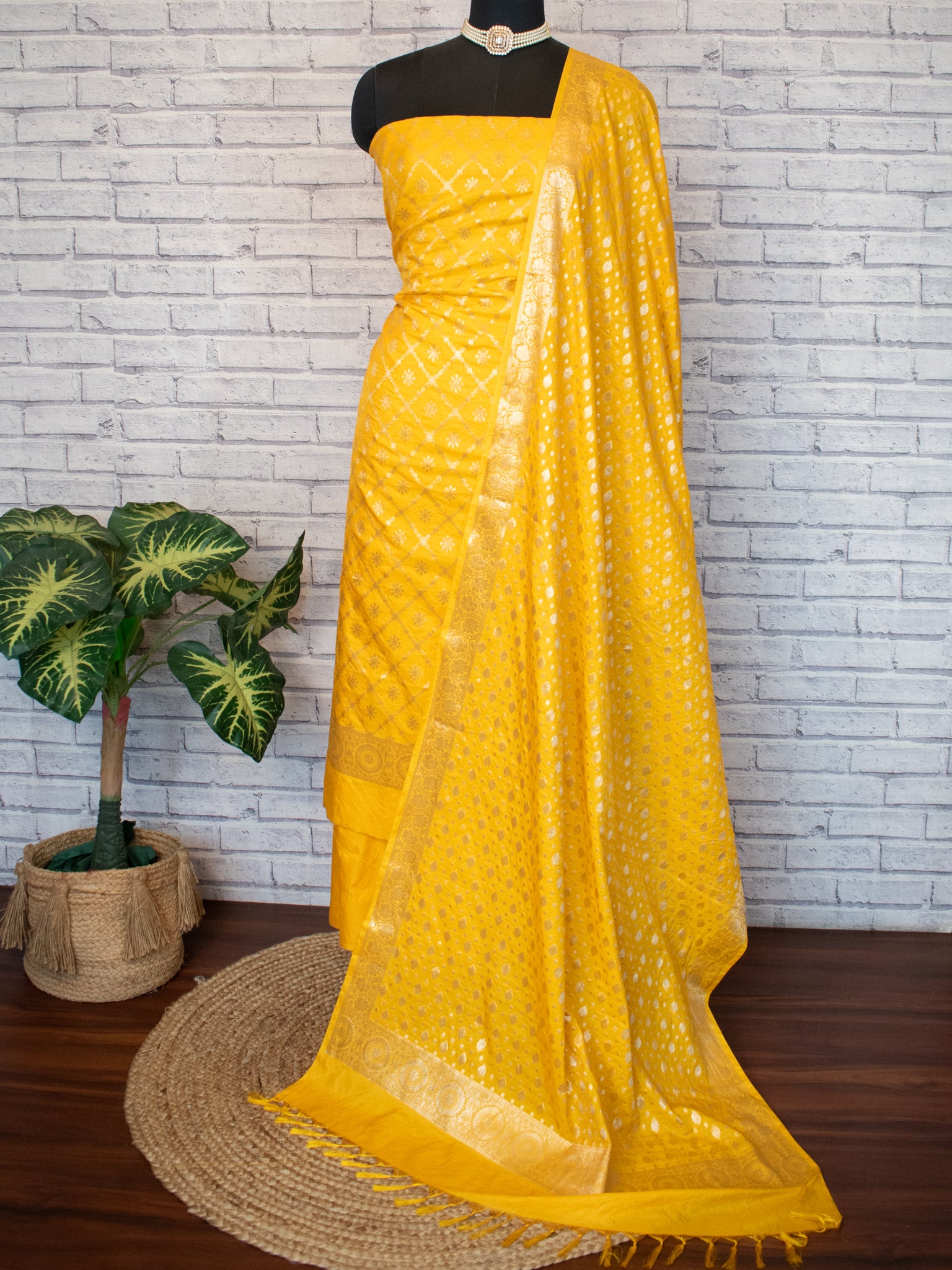 Banarasi Semi Katan Salwar Kameez Fabric With Dupatta- Yellow