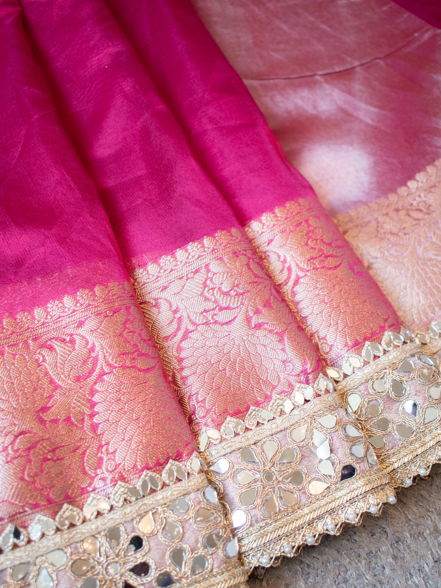 Banarasi Plain Tissue Saree with MirrorLace Border - Magenta