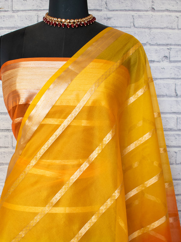 Banarasi Shaded Organza Saree With Zari Weaving-Orange & Yellow