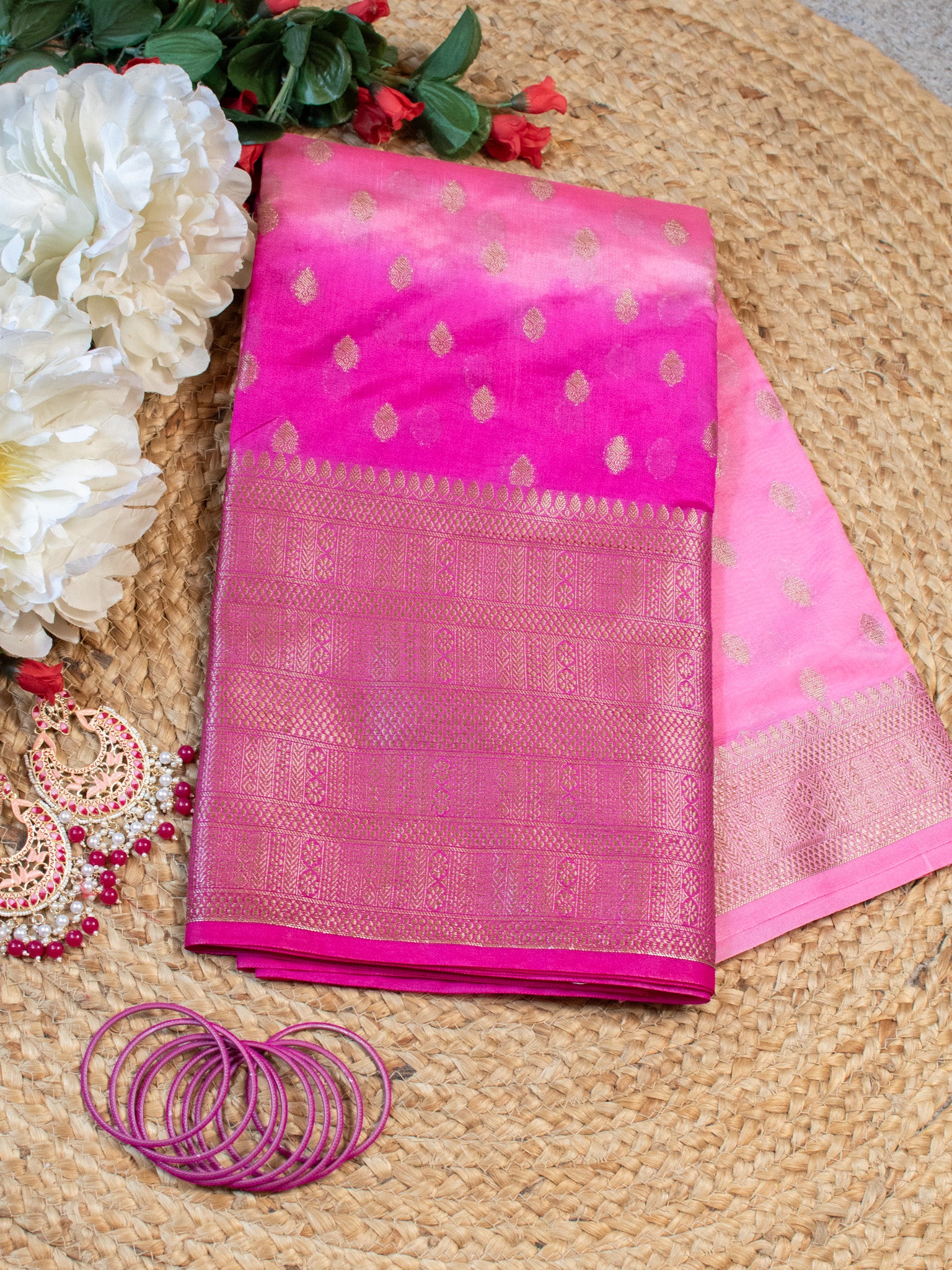 Banarasi Dual Shade Soft Cotton Saree with Zari Weaving-Pink