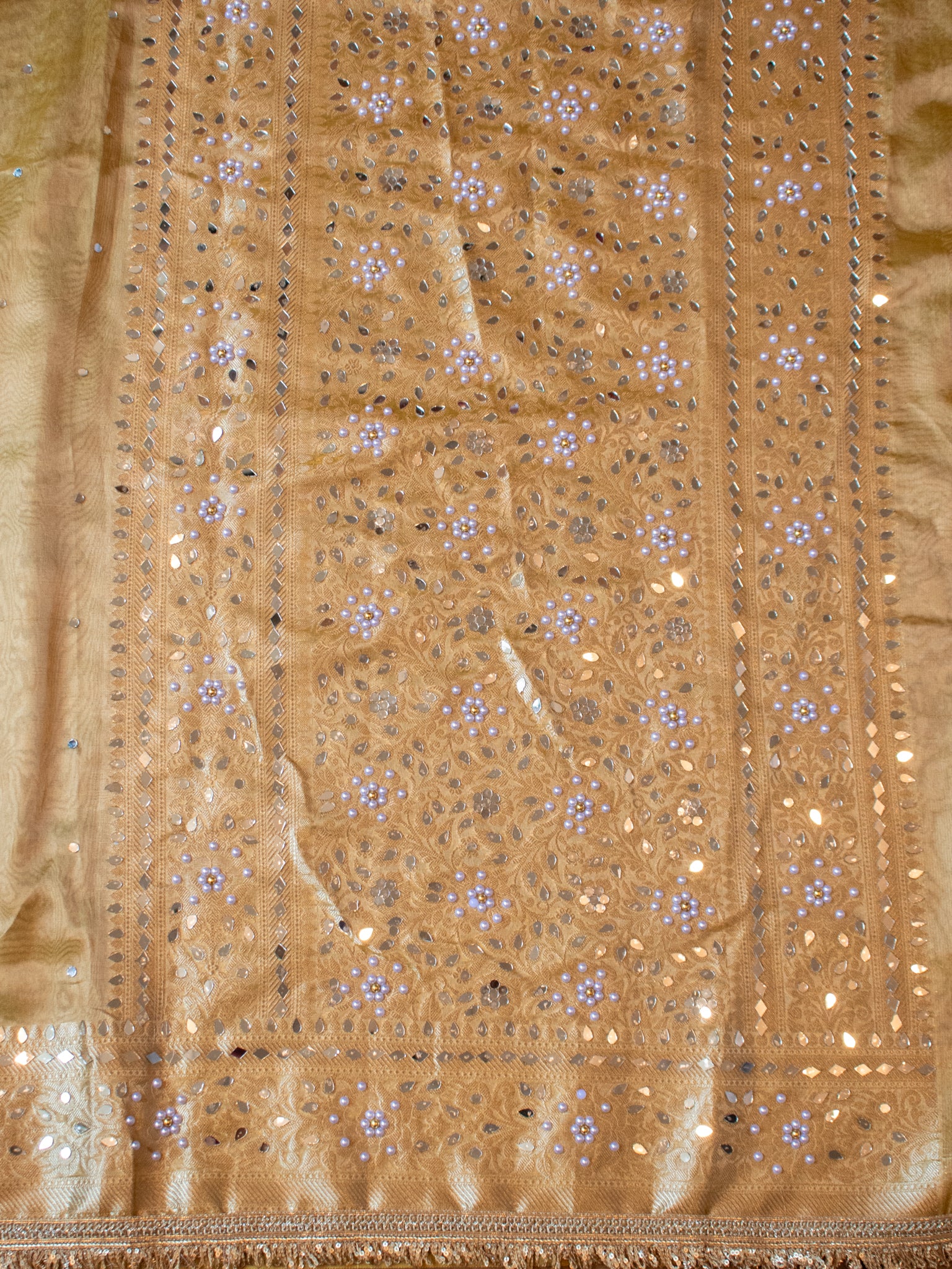 Banarasi Mirror Work Tissue Saree with Lace Border - Yellow