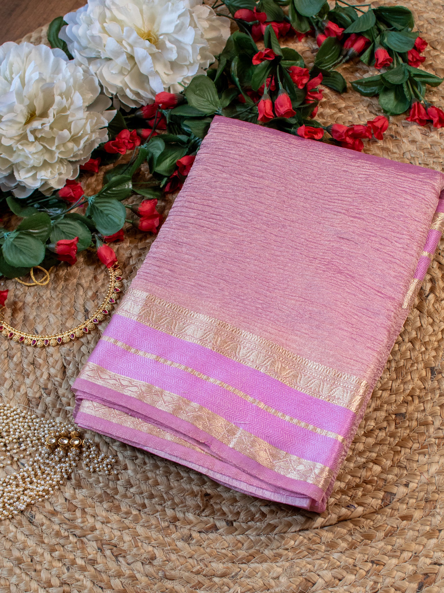 Banarasi Crushed Tissue Saree With Zari Border- Pink