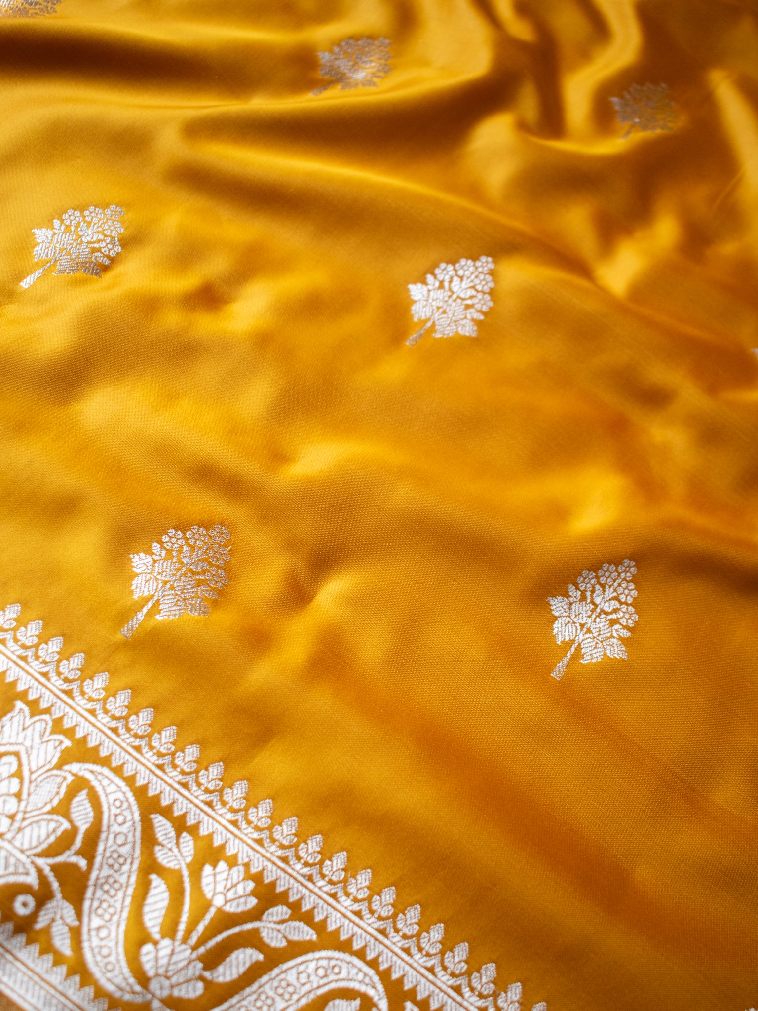 Banarasi Mashru Silk Saree With Buti & Border- Yellow