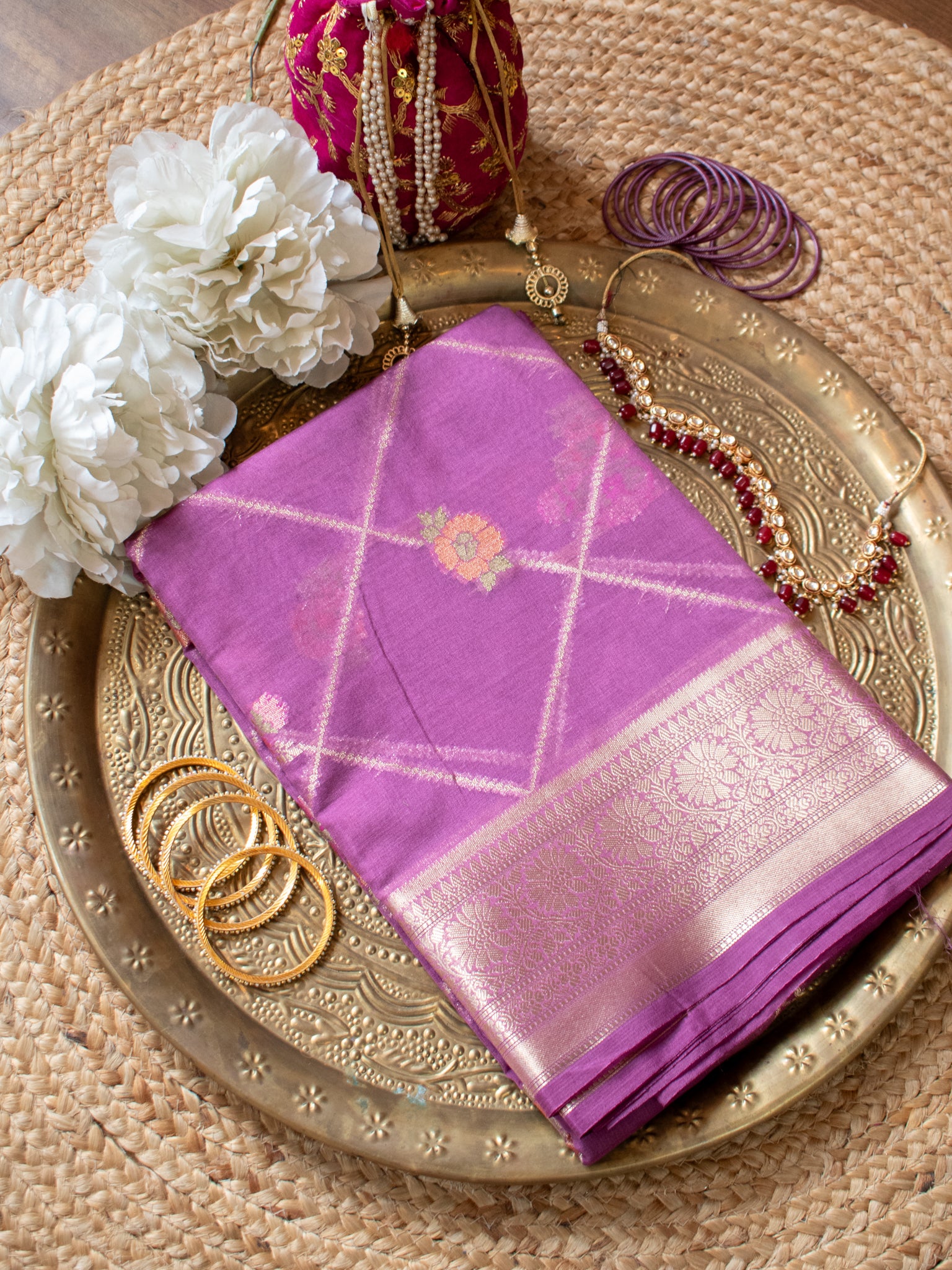 Banarasi Cotton Silk Saree with Floral Weaving & Border- Mauve