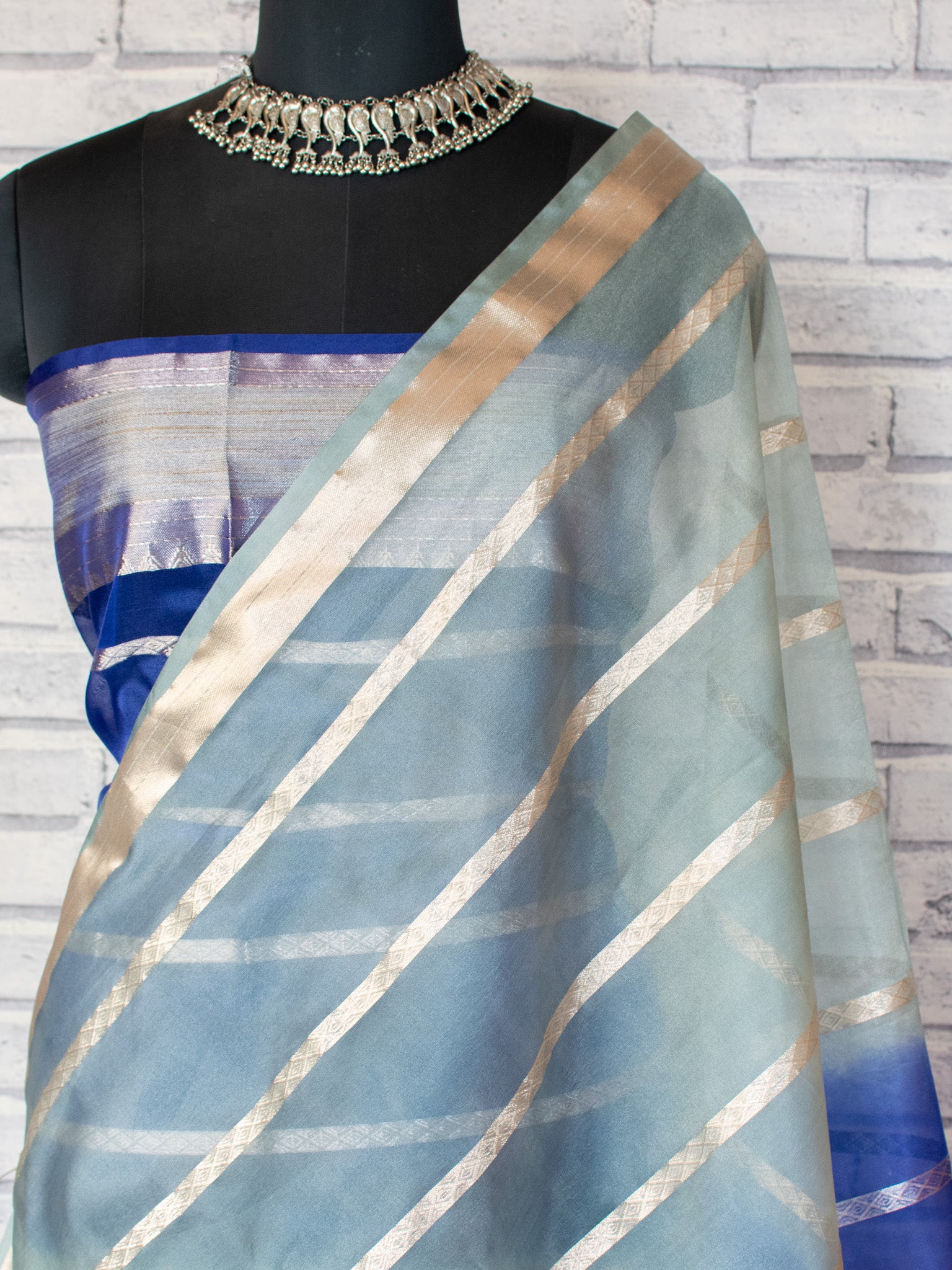 Banarasi Shaded Organza Saree With Zari Weaving-Blue & Grey