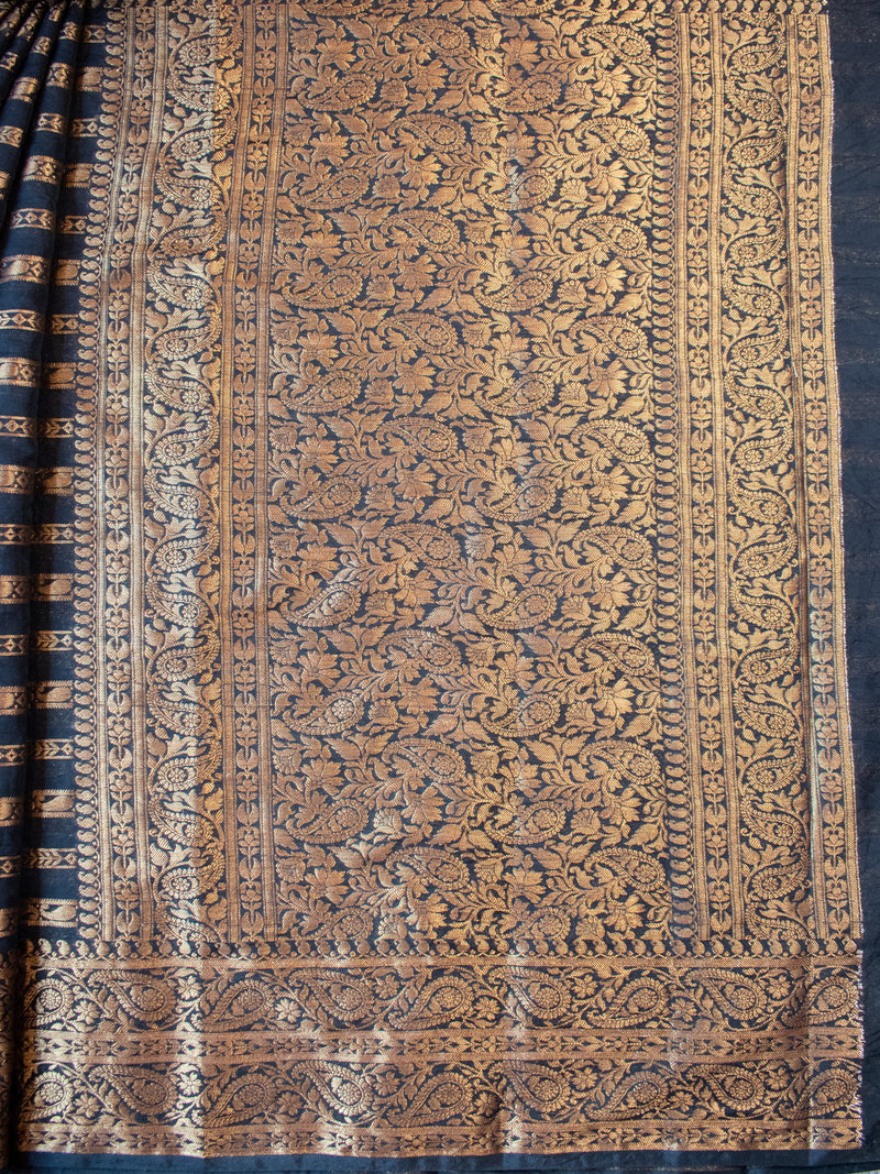 Banarasi Cotton Silk Saree With Copper Zari Border-Black